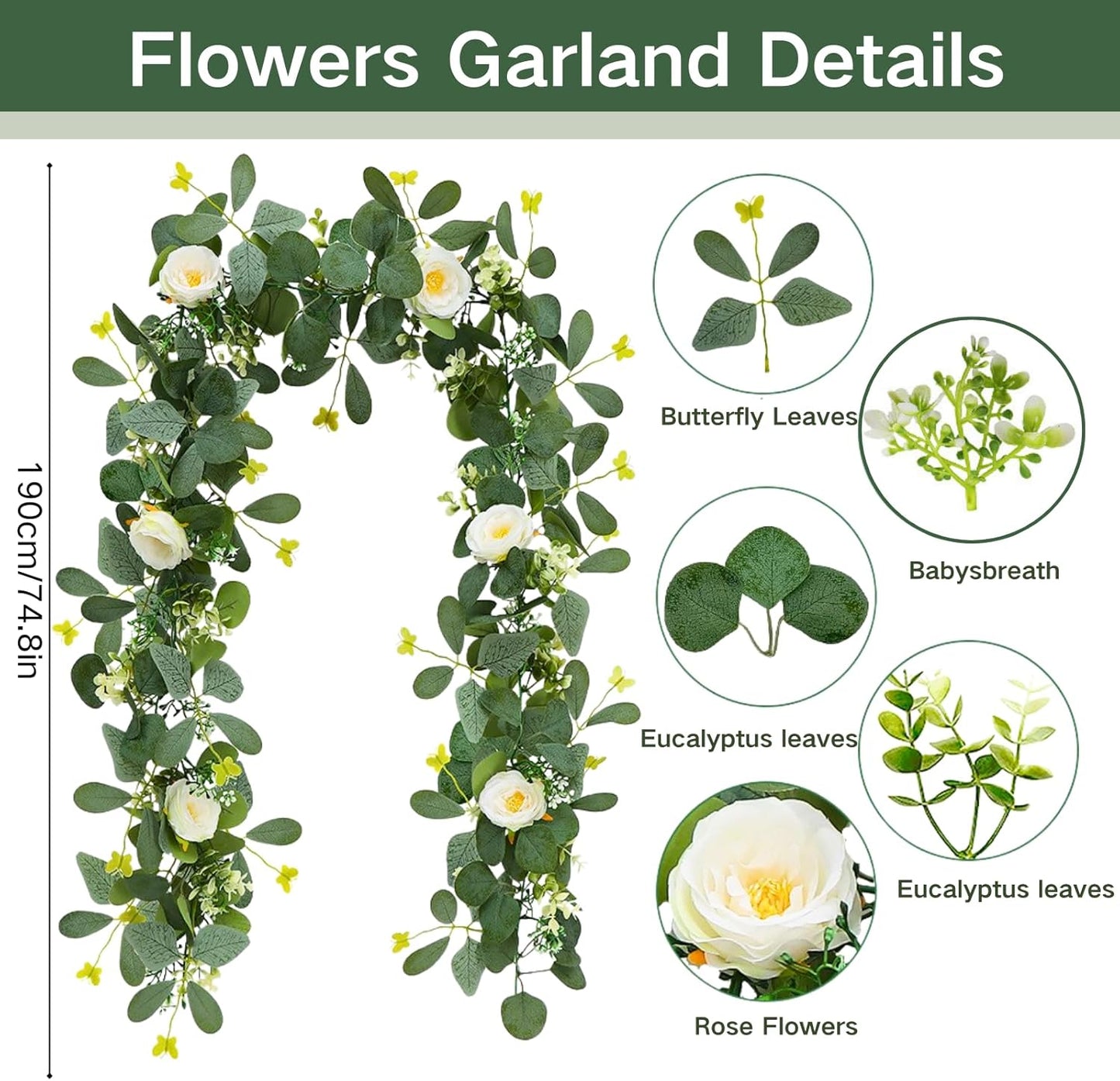 ASTRYAS 2 Pack 6.23Ft Artificial Eucalyptus Garland with Flowers, Fake Rose Garland Greenery Garlands Floral Vines for Wedding Spring Home Party Craft Art Table Runner Decor(White)