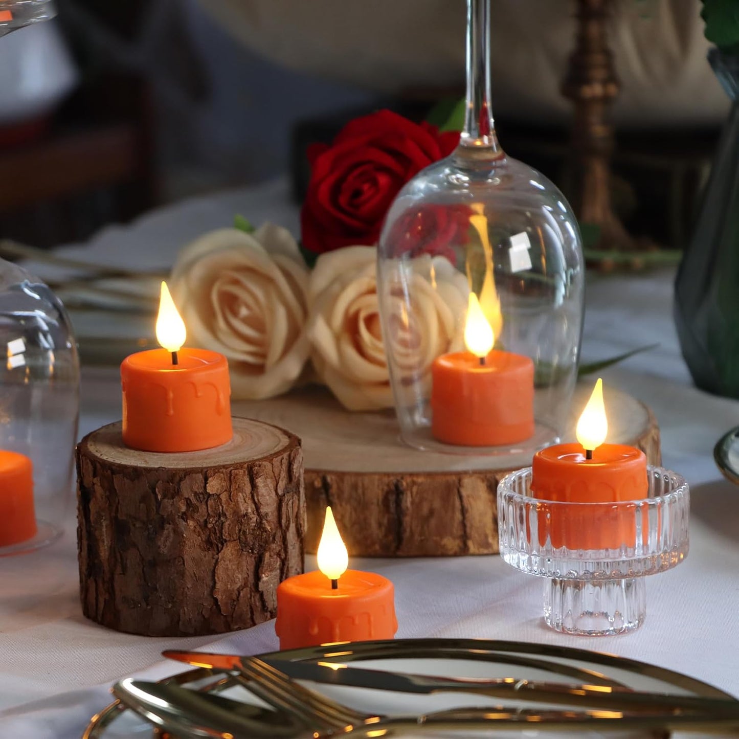 FREEPOWER Orange Halloween Candles,Rechargeable Flameless Candles with Remote Timer, Soft 3D Wick LED Tealights Candle, Rechargeable Candles Flickering Realistic for Halloween Decorations,Set of 6