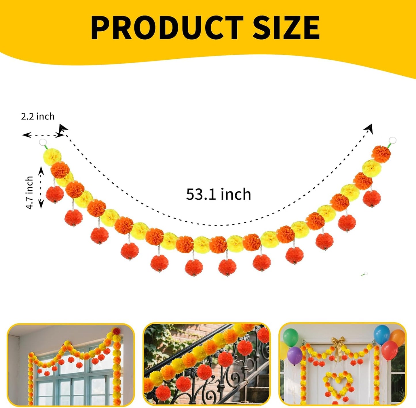 5 Pcs Diwali Artificial Marigold Garland with Pearls Decor, 4.5 Feet Artificial Marigold Flowers for Indian Pooja Diwali Home Mantle Decor Long Strands for All Year Decoration (Yellow＆Orange&Red)