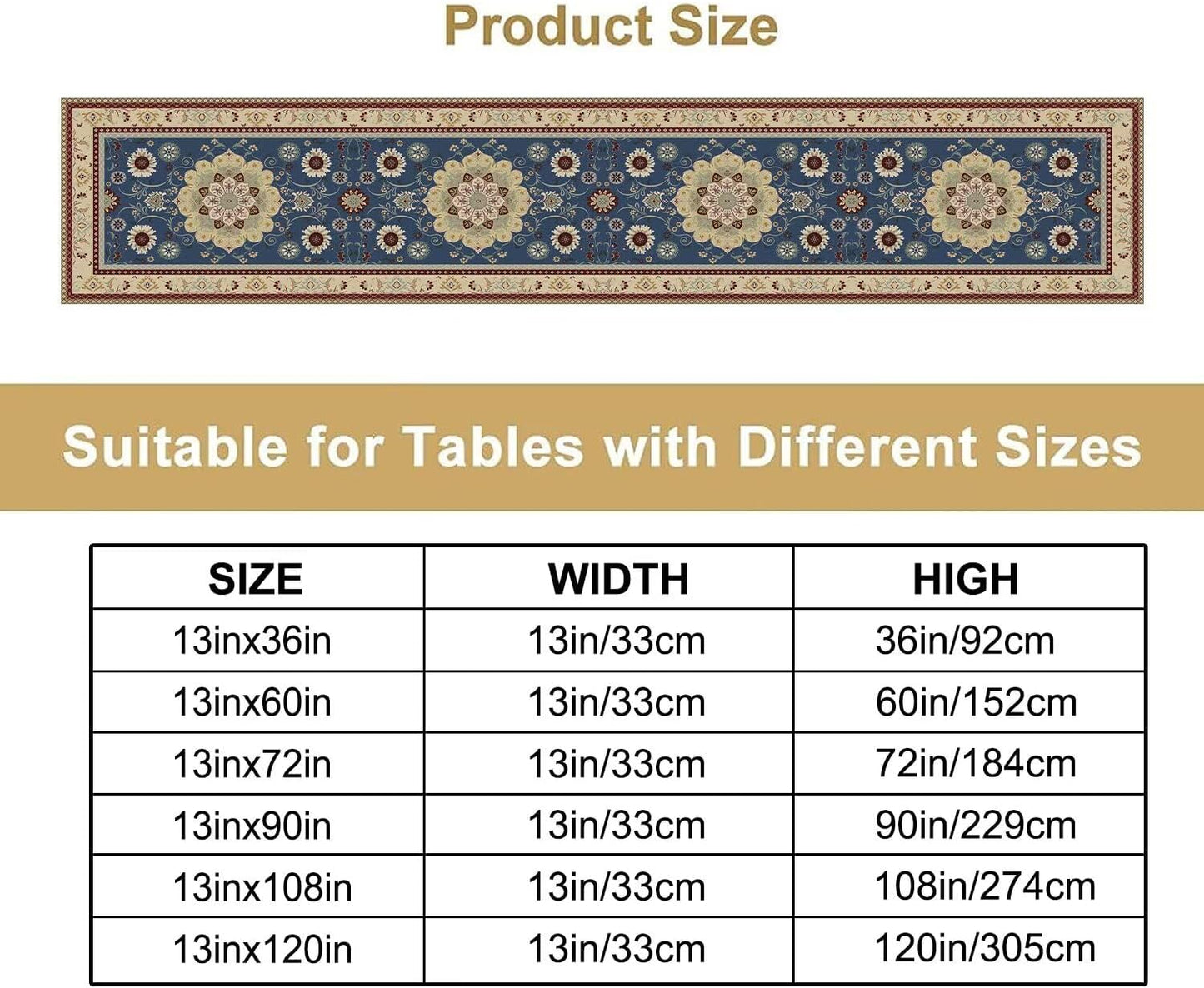 Vintage Boho Floral Table Runner, Elegant Rustic Country Farmhouse Blue Yellow Retro Flower Pattern for Home Kitchen Table Decor Dining Coffee Room Party Decor 13x60in