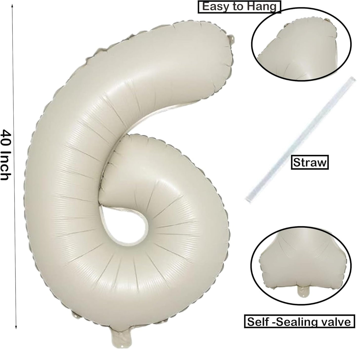 40 Inch Cream White Number 6 Balloon - Mylar Big Foil Helium Number 16 26 36 46 56 66 - Party Decorations, Boy Baby Shower Decorations