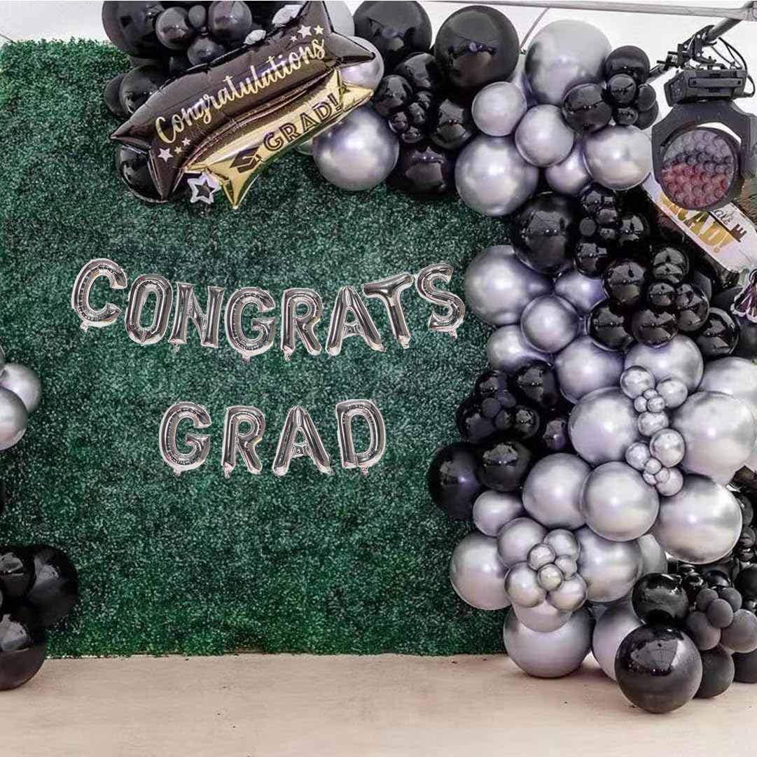 Black and Silver Balloons,65PCS 12 Inch Metallic Chrome Silver and Black Latex Balloons for Birthday Graduation Anniversary Party Decorations