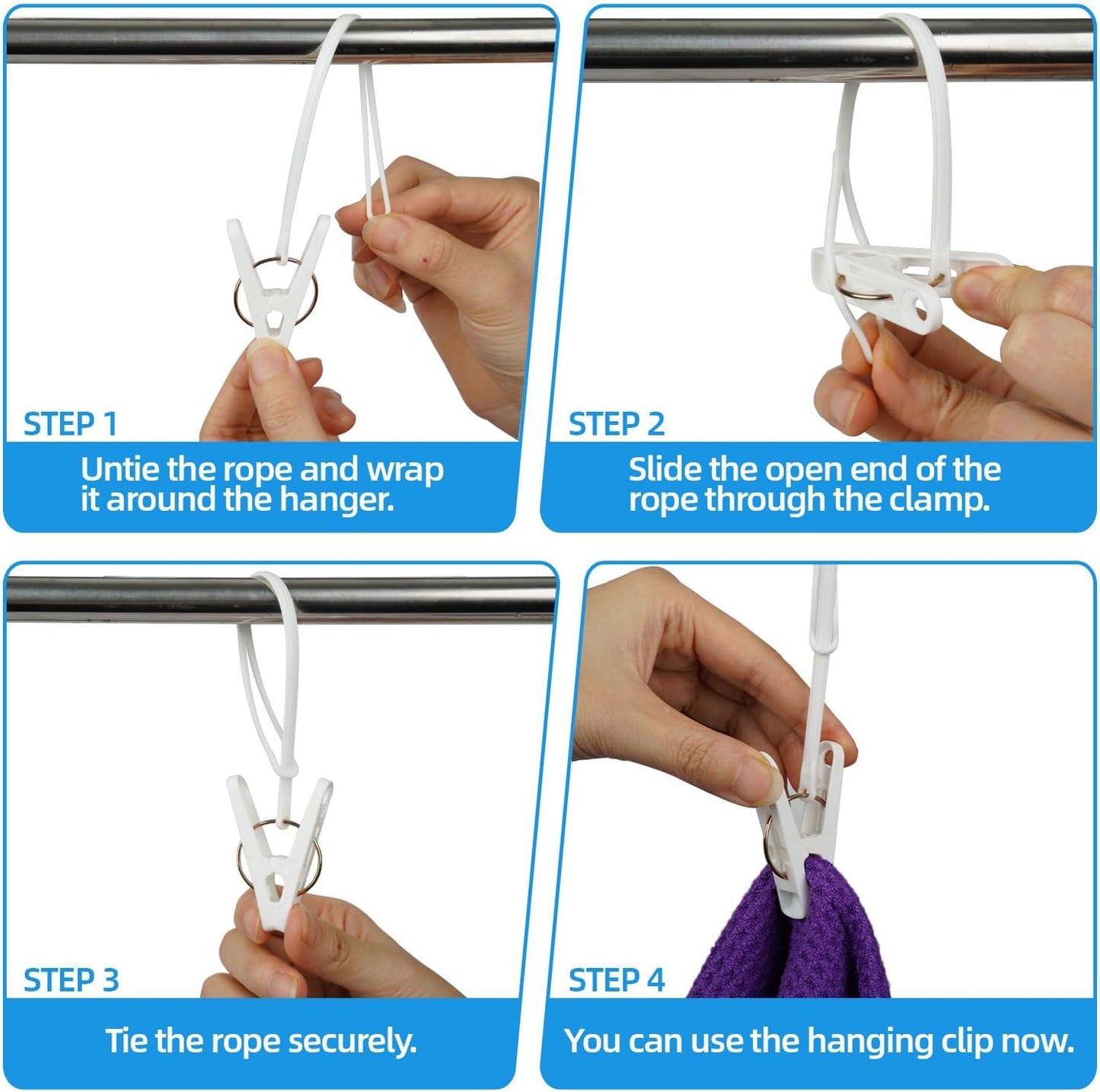 60 Pack Clothes Pins with Plastic Rope,Multi-Purpose Clips for Hanging,Windproof Plastic Clothespins for Hanging Baby Clothes,Socks,Hats, Pants, Bras, Underwears,Towels,Photos,White