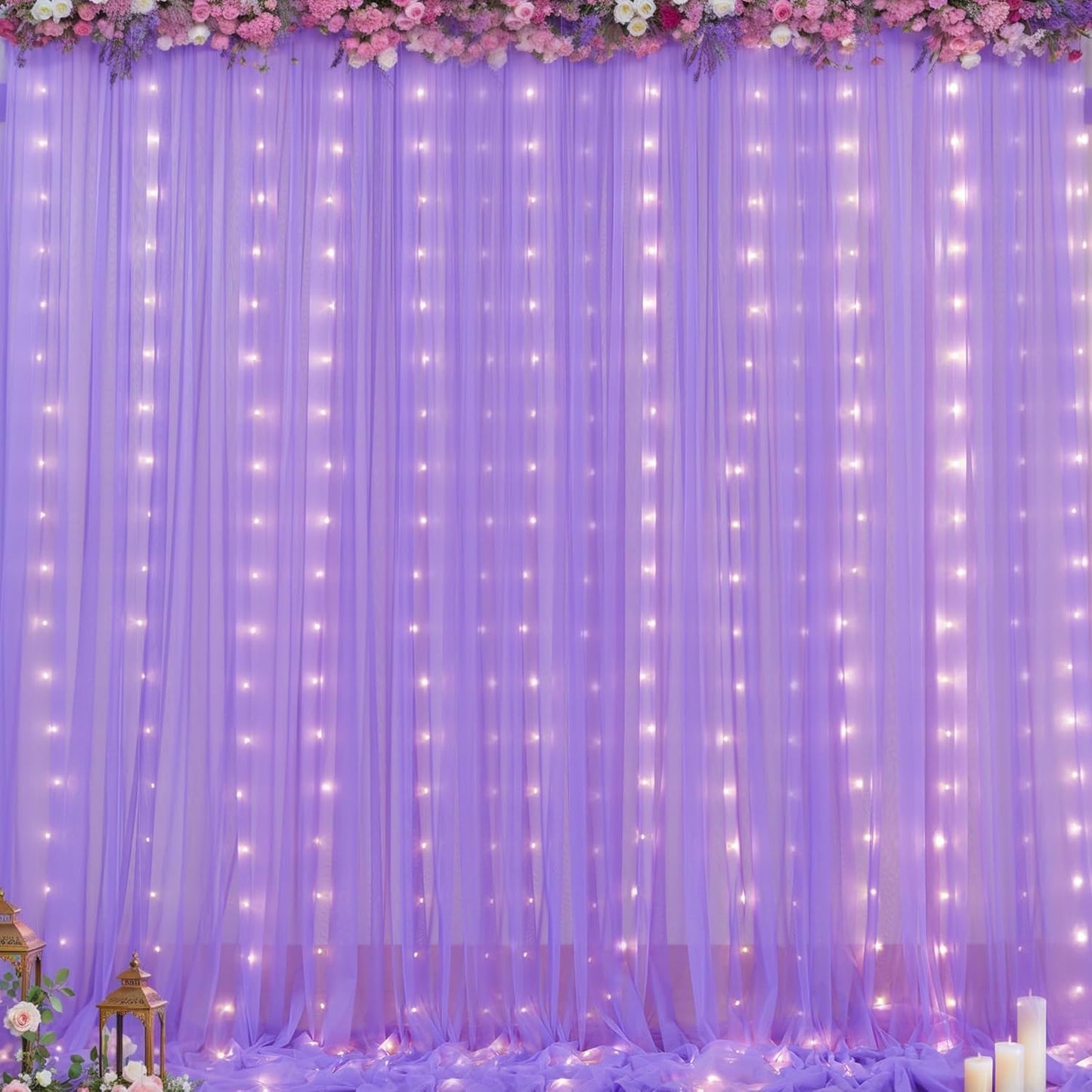 20x8ft Lavender Tulle Backdrop Curtains with Lights for Party Wedding Baby Shower, Sheer Drape Backdrop Curtains for Birthday Party Photo Booth Background Decoration