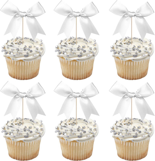 24 PCS Bow Cupcake Toppers Bow Cupcake Picks Bowknot Birthday Party Decorations Bowknot Cake Dessert Picks for Baby Shower Birthday Wedding Bridal Engagement Party Cake Decorations Supplies Silver