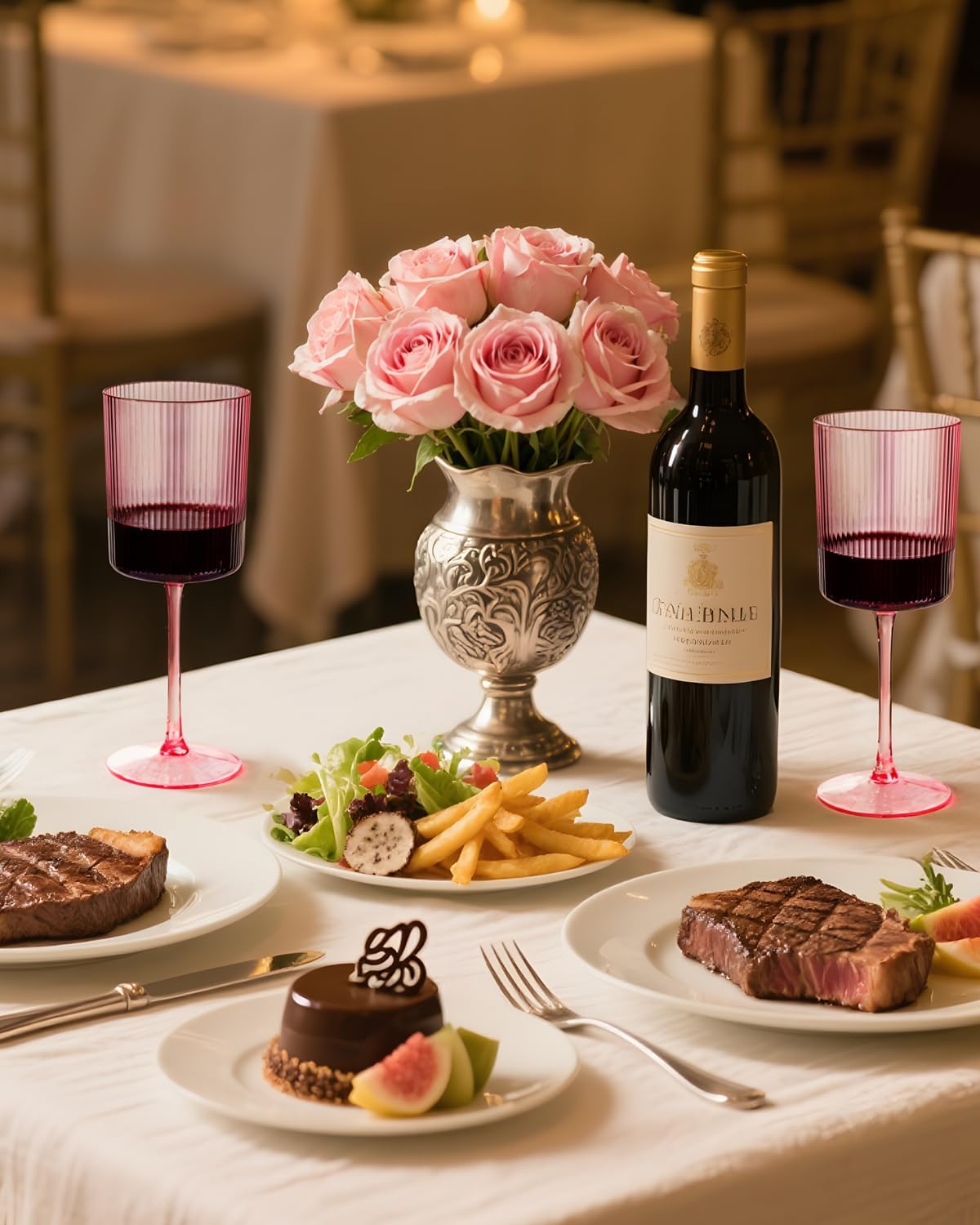 Ciaell 12 PCS Pink Plastic Ribbed Wine Glasses - 10 OZ Plastic Square Wine Glasses with Stem - Disposable Champagne Cups for Parties & Weddings & Party