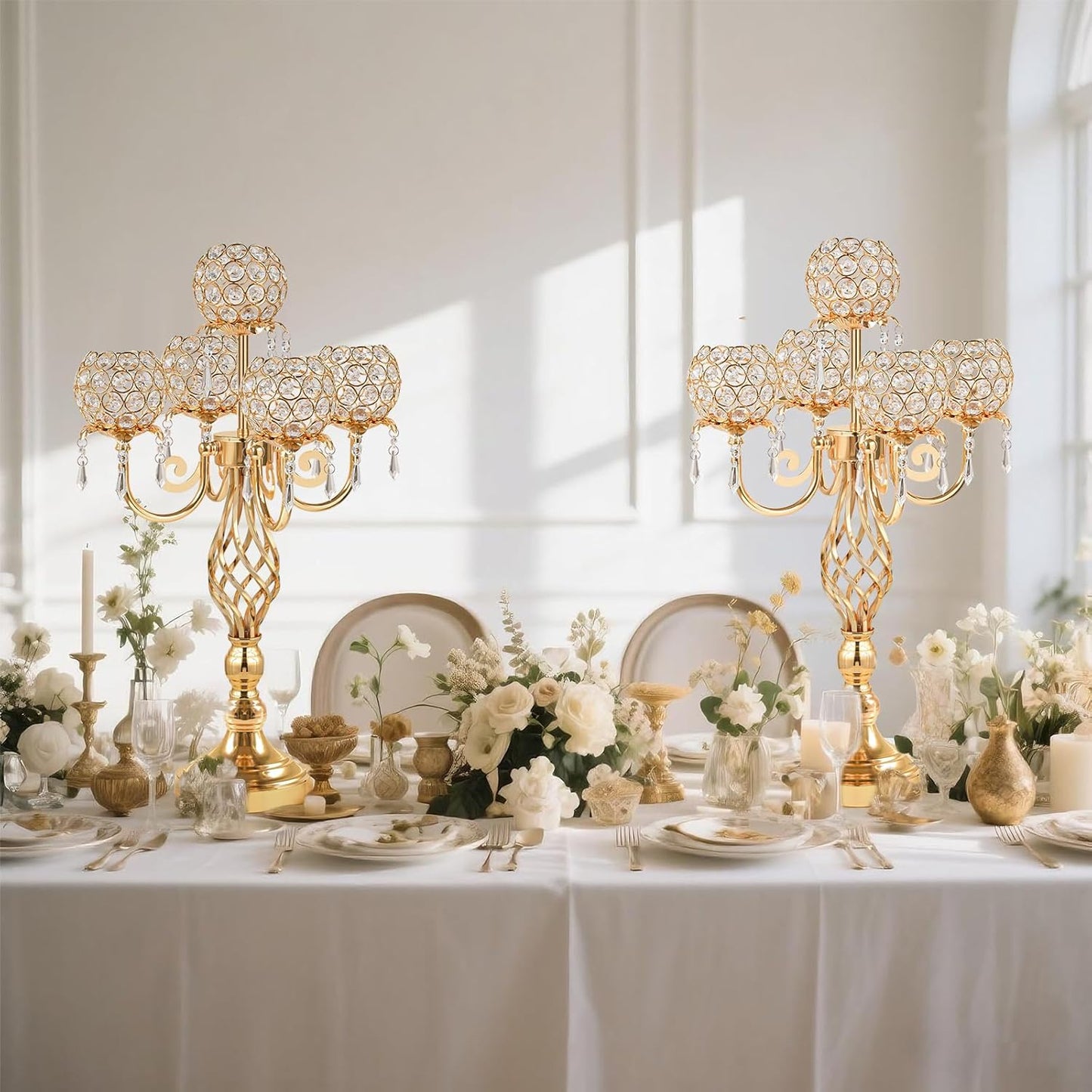 5-Arm Crystal Candelabra Centerpiece 23.2" Tall - Elegant Candle Holder Stand with Crystal Bowl, Chic Table Decor for Weddings, Parties, Anniversary & Home Decoration (2, Gold)