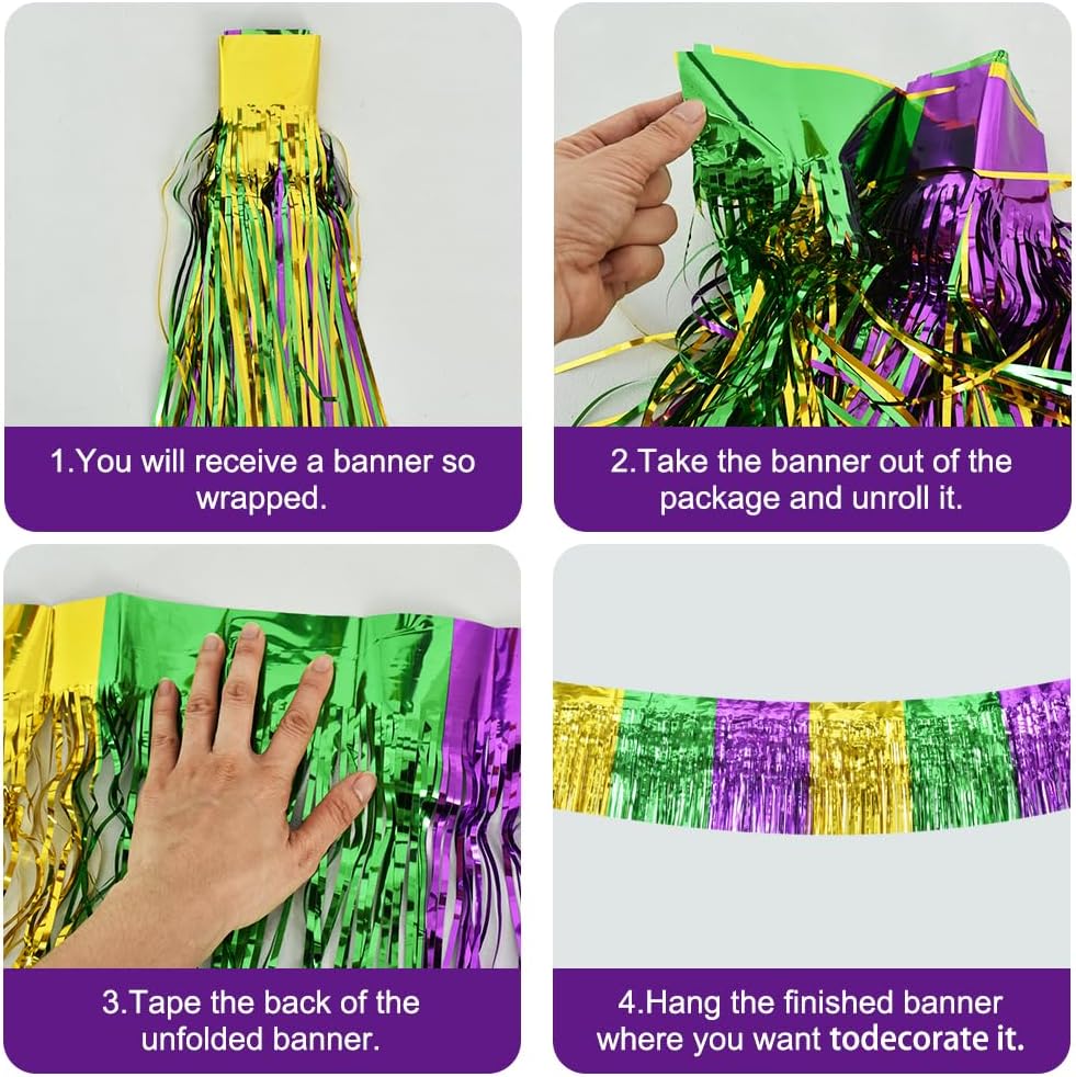 BEISHIDA 3 Packs Metallic Foil Fringe Garland Green Gold Purple Wall Hanging Tinsel Fringe Banners for Car Floats Bridal Shower Wedding Birthday Easter Graduation Holiday Party Deco(30 Feet)