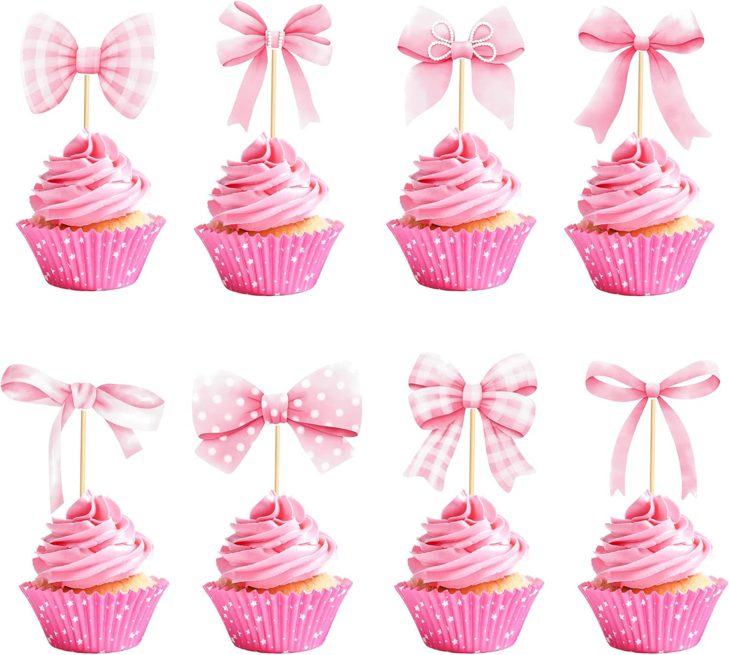 24pcs Coquette Bow Cupcake Toppers Pink Bow Coquette Birthday Cake Decorations for Bachelorette Bridal Engagement Wedding Girl Baby Shower Bow Theme Party Decor