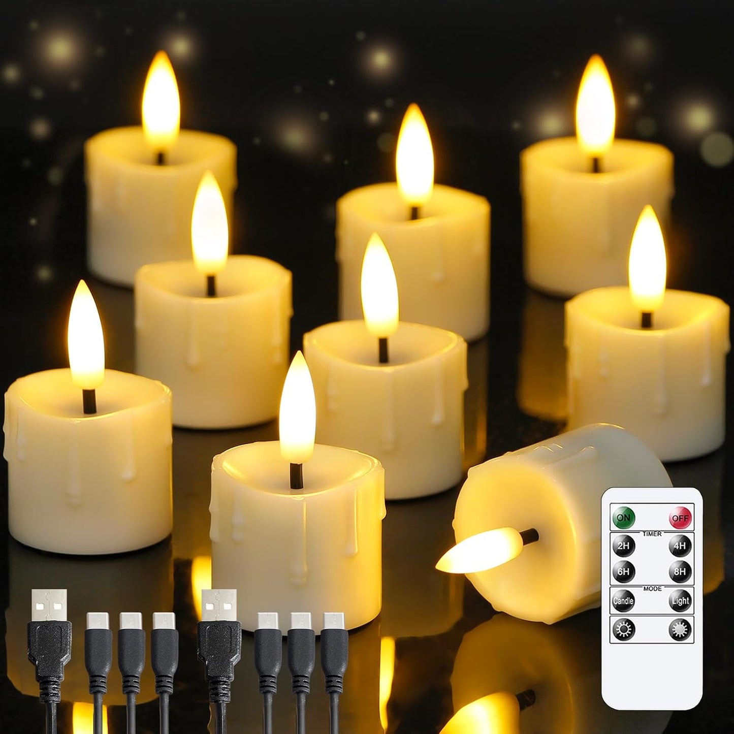 Rechargeable Flameless 1.6" x2.5" Tea Light Candles with Remote & Type-C Charging Cable, Timer LED Flickering Ivory Plastic 9pcs Mini Dripping Wax Votive Tealight Candles
