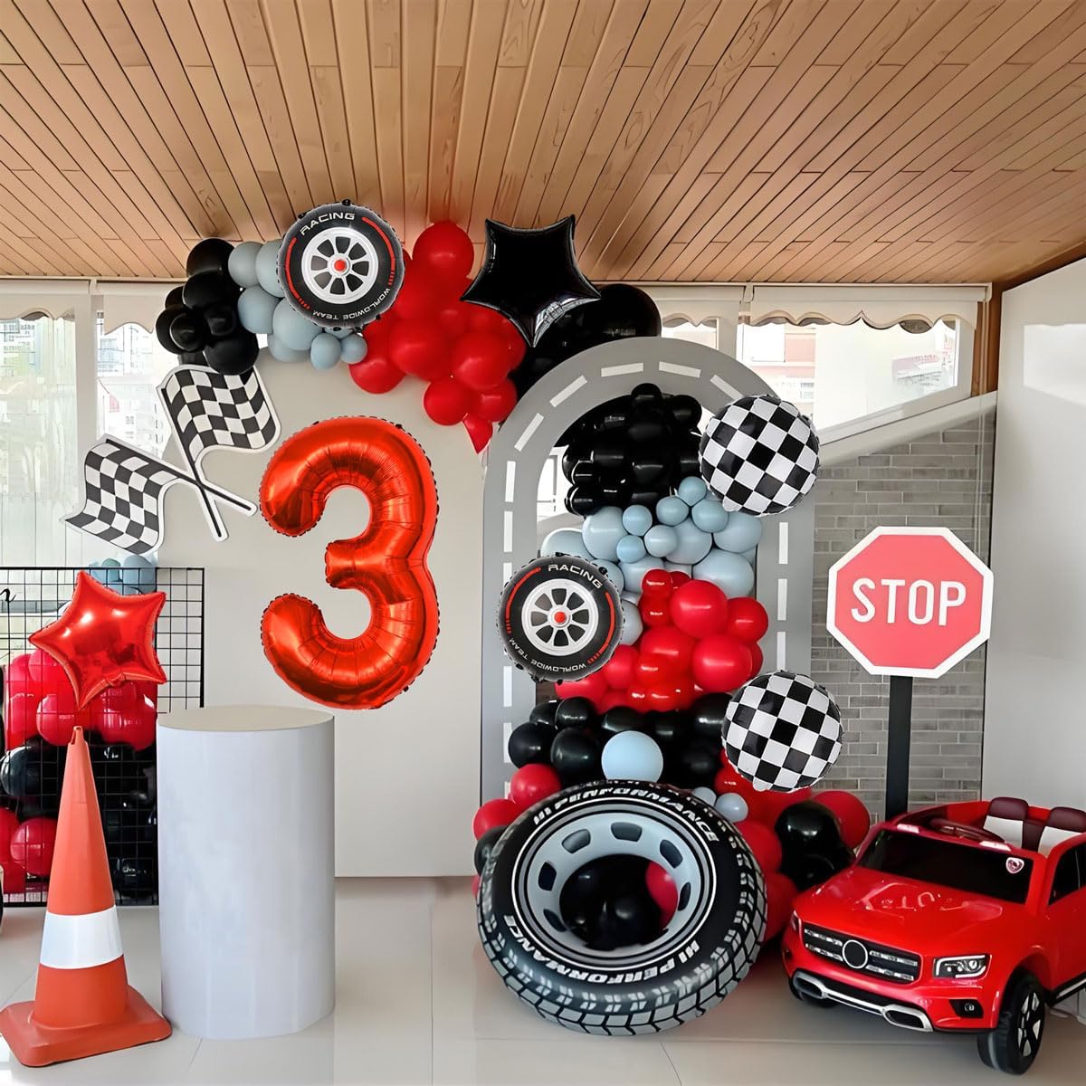 Race Car Birthday Party Decorations - 40 Inch Mylar Red Number 3 Balloons - Black Foil Checkered Race Car Balloons for 3st Birthday Race Cars Themed Party Decorations