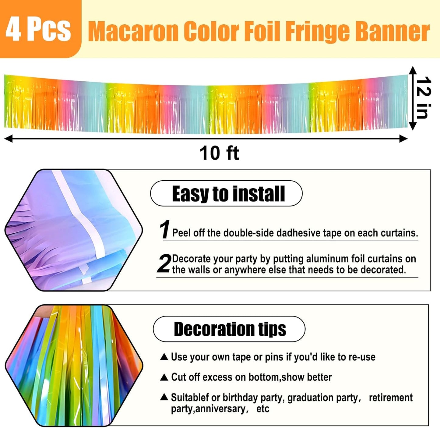 4 Pack 10 Feet Rainbow Foil Fringe Garland Metallic Tinsel Streamers Banner Wall Hanging Curtain Backdrop for Parade Floats, Wedding, Graduate, Mother's Day, Birthday Party Decoration