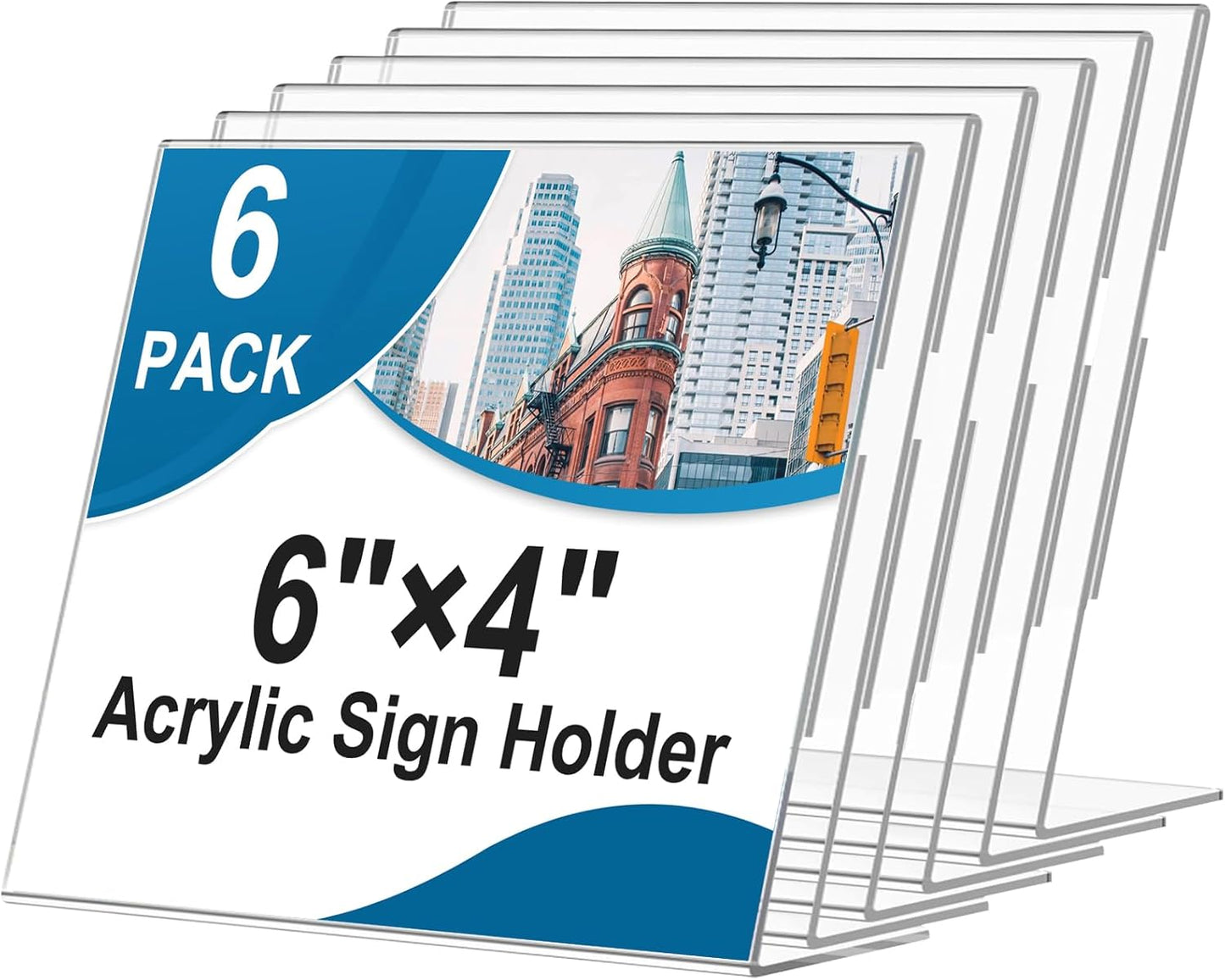 Acrylic Sign Holder 4 x 6 Horizontal, L-Shape Clear Plastic Display Stand for Tabletop, Acrylic Stands for Flyers, Table Paper Holder, Vertical Sign Holder 4x6 for Restaurants, Office and School (Slant 6 Pack 6x4)