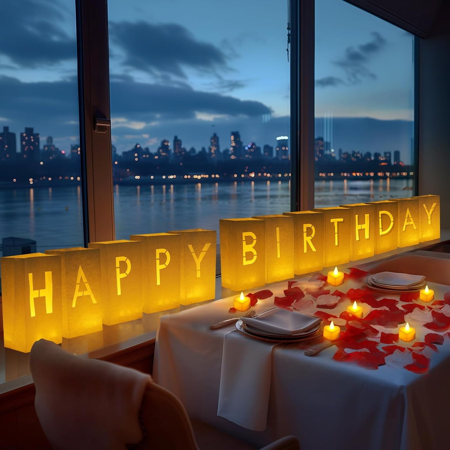 Homemory Happy Birthday Light Up Letters Luminary Bags with Flameless Candles and Fake Rose Petals, Happy Birthday Sign Party Decoration for Women Men