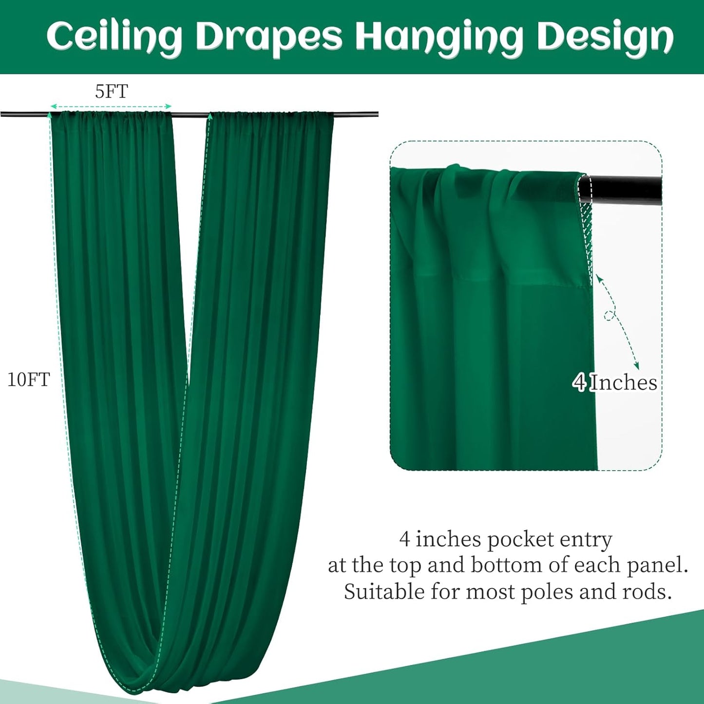 6 Panels Emerald Green Wedding Ceiling Drapes 5ftx10ft Ceiling Drapes Chiffon Fabric Arch Draping Sheer Curtains Soft Drapery Draping Wedding Ceiling Decorations for Party Ceremony Stage Swag