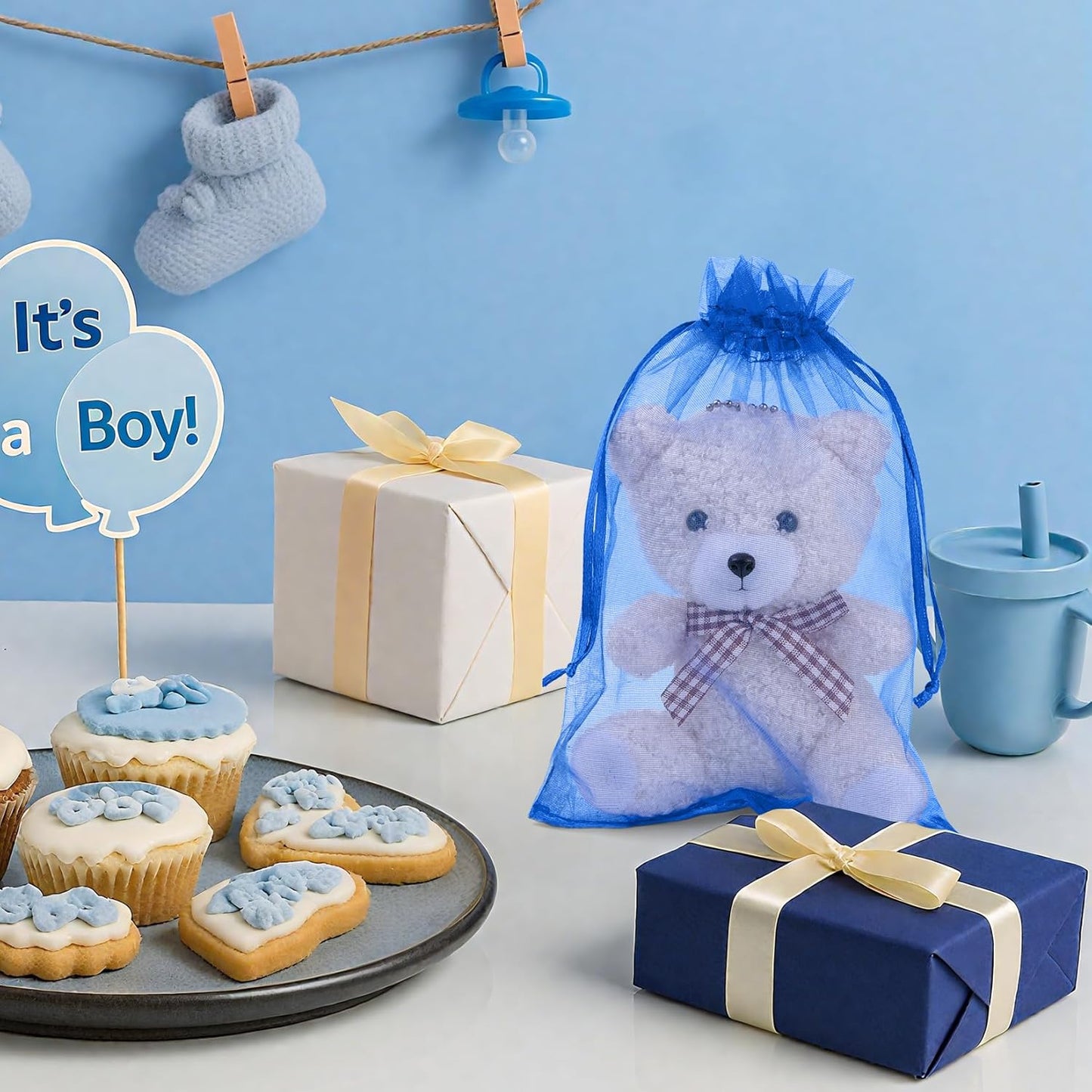 ANZNKU 50 Pack Organza Bags 4x6 Inch, Small Mesh Bag Drawstring Jewelry Pouches, Organza Gift Bags for Baby Shower, Party Favors(Royal Blue)