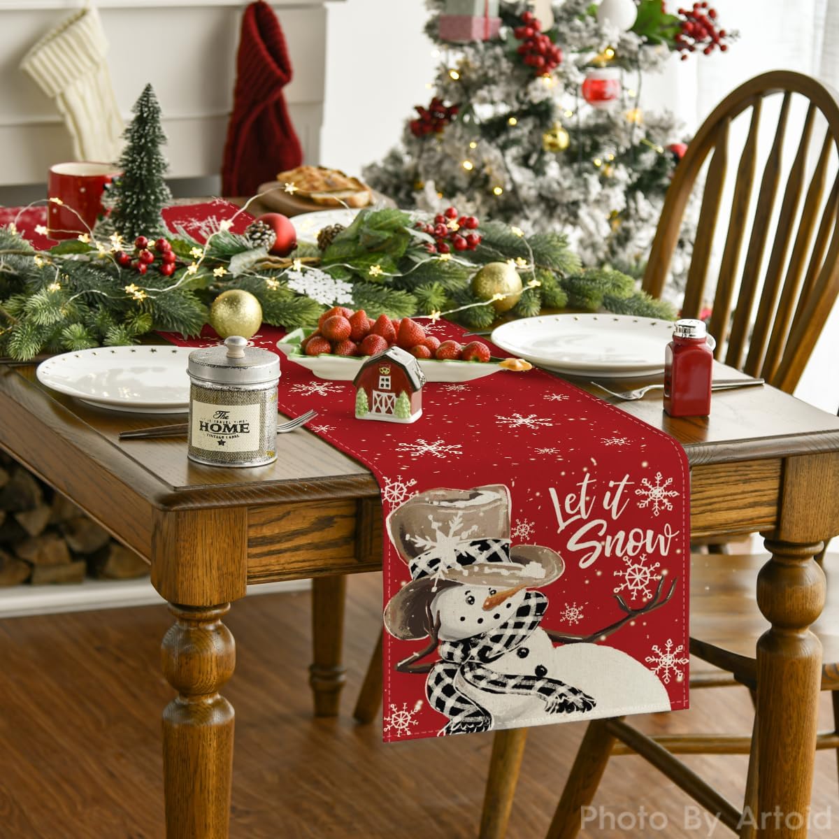 Artoid Mode Red Snowman Snowflake Let it Snow Winter Table Runner, Seasonal Christmas Kitchen Dining Table Decoration for Home Party Decor 13x60 Inch