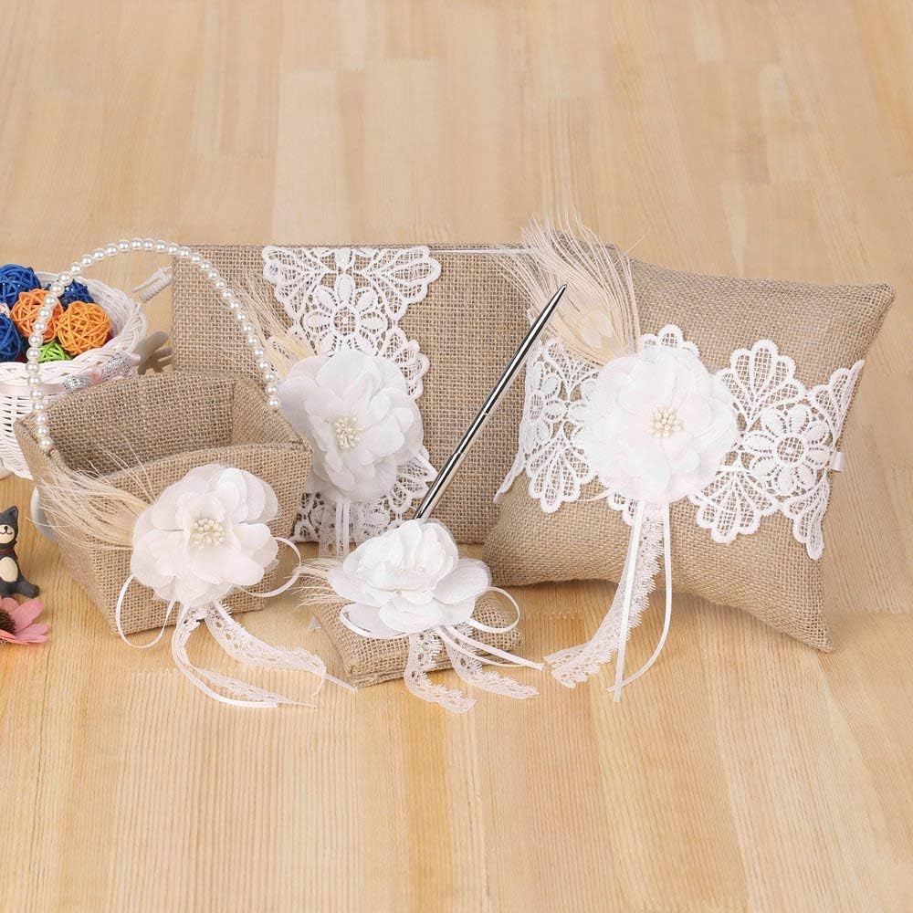 Fbest 4pcs/Set Vintage Rustic Burlap Wedding Supplies Flower Girl Basket + Ring Bearer Pillow + Guest Book + Pen Holder Set