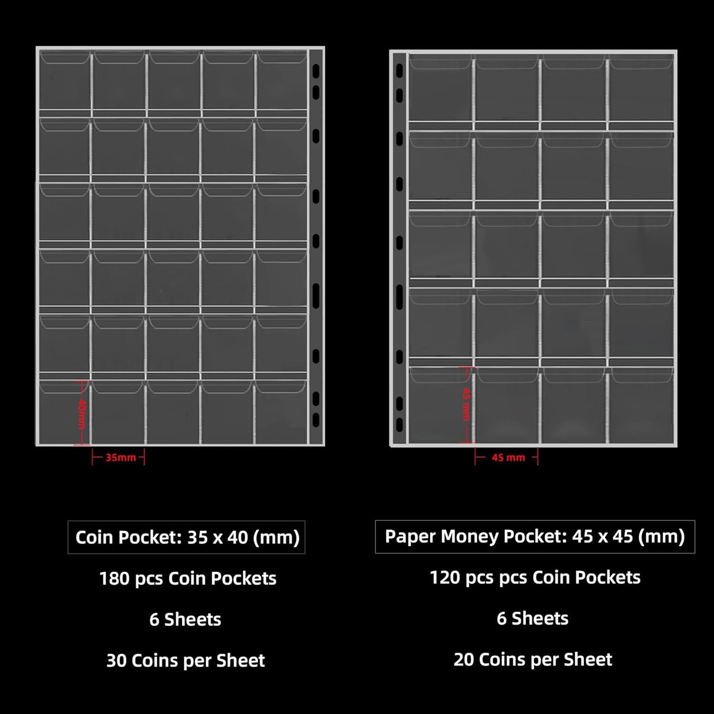 Fireproof Coin Collection Album for Collectors, 300 Pockets Coins Collecting Album & 36 Sleeves Money Storage Case for Coin Currency Collection Supplies, Bill, Pennies, Quarters, Stamp,F65C001B