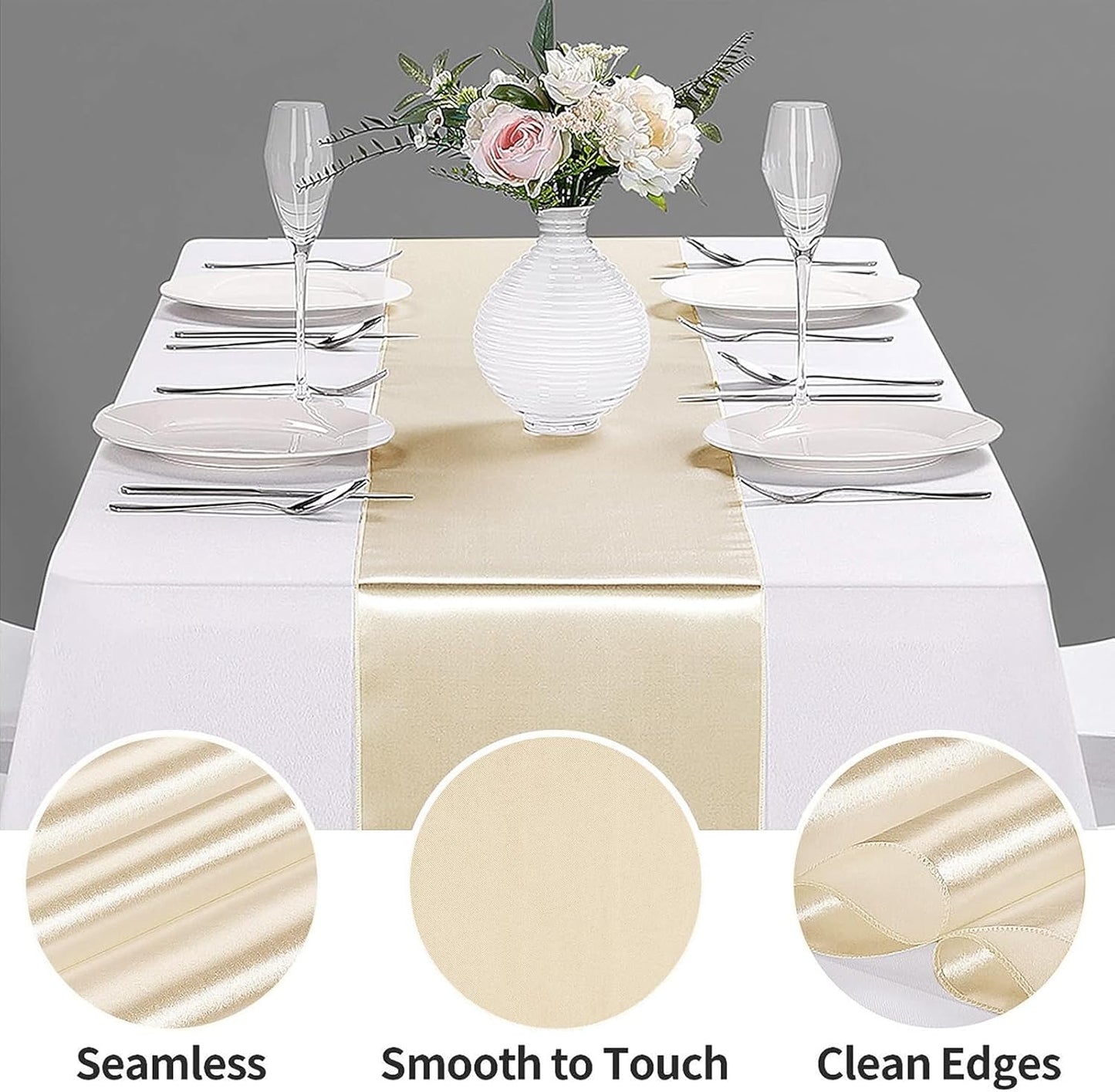 5-Pack Satin Table Runner Champagne 12 x 108 inches Long, Table Runners for Wedding, Birthday Parties, Banquets Decorations（5 Pack, 12x108 Inch, Champagne