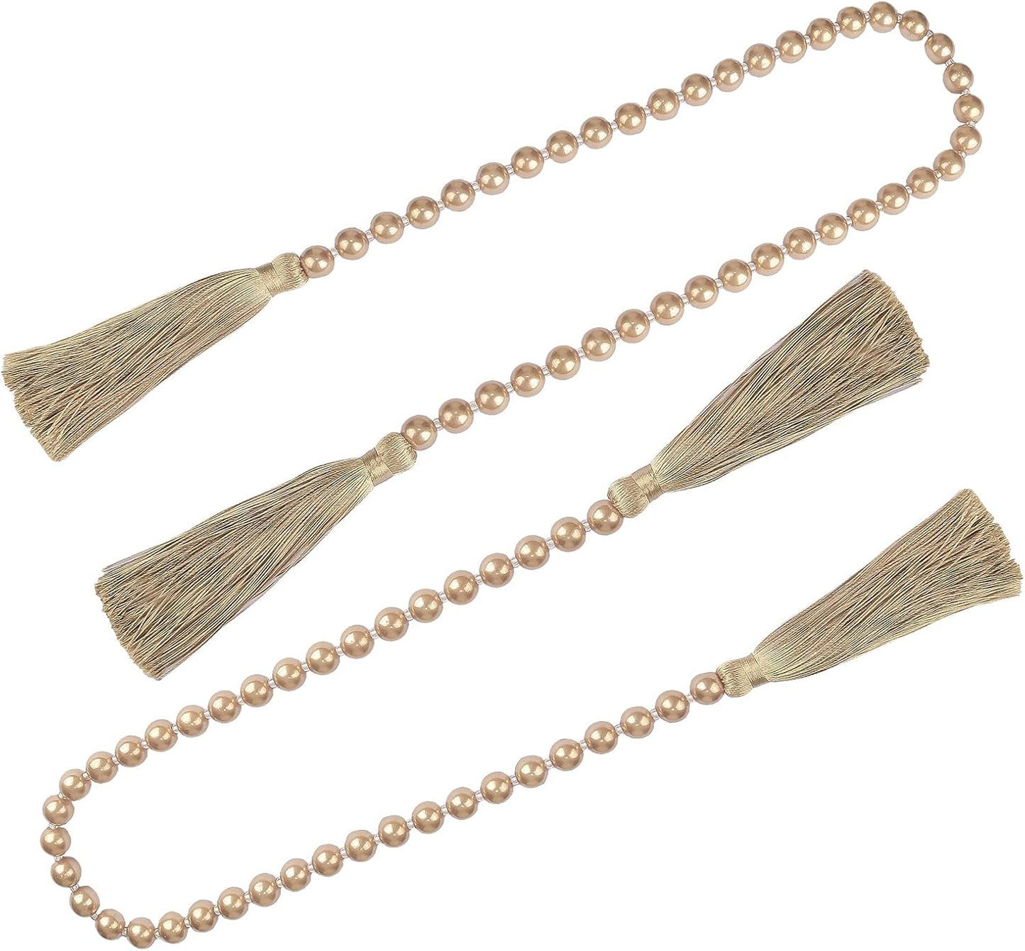 Fenghuangwu 34 Inch Pearl Glass Bead Garland with Tassels - Elegant Boho Table Decor, Fringe Wall Hanging for Wedding, Party, Farmhouse Rustic Prayer Bead Home Decoration(2 Pack,Champagne Gold)