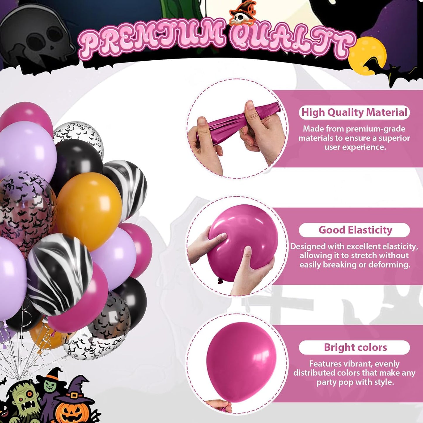 Halloween Balloons, 60pcs Purple Black Balloons, Purple Yellow Black Tie Dye Balloon With Bat Confetti Balloon For Retro Halloween Masquerade Spooky Haunted House Vampire themed Birthday Party Decor