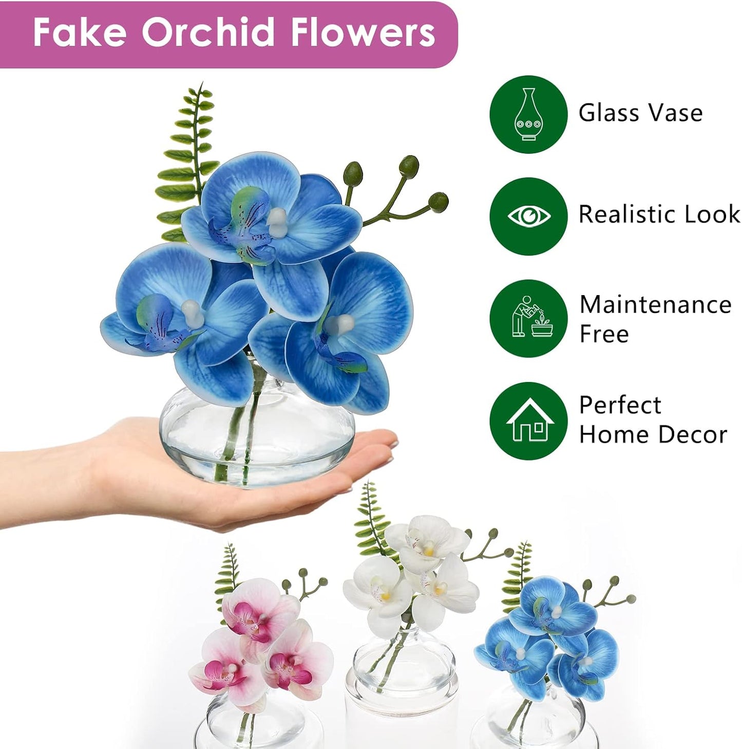 Blue Orchids Artificial Flowers Faux Orchids Arrangement in Clear Glass Vases Set of 3 Real Touch Phalaenopsis Orchid Flowers Small Fake Orchid Centerpiece for Dining Room Table