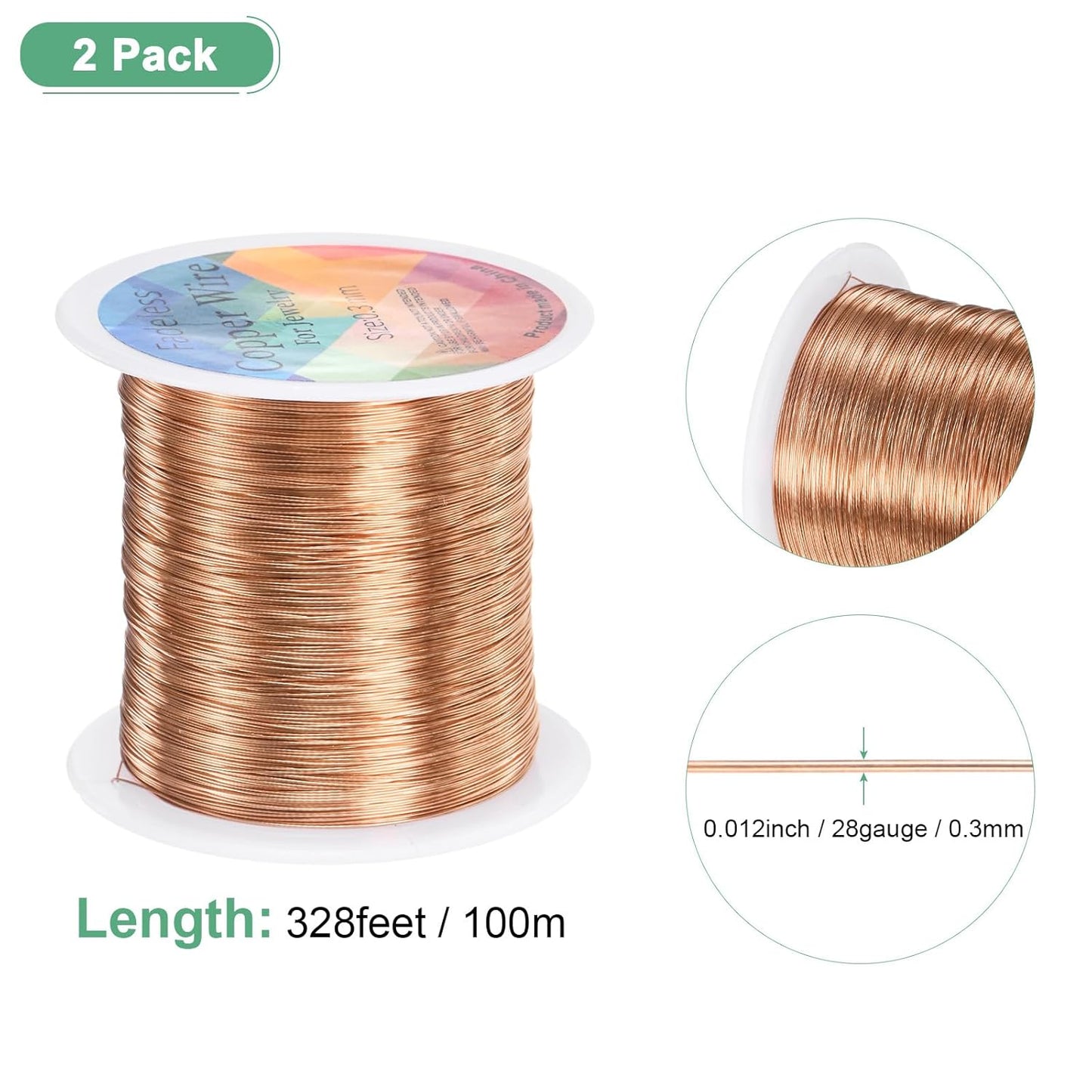 2-Rolls 0.3mm Jewelry Wire, 28 Gauge 328FT Craft Wire Copper Beading Wire for Jewelry Making/Planting/Weaving/DIY Crafting, Soft Metal Wires [100M, Copper Tone]