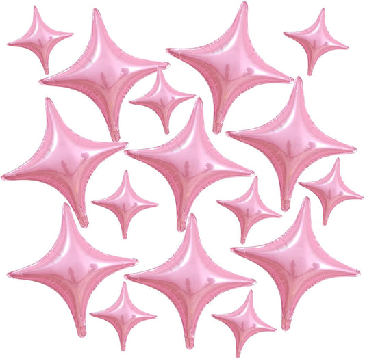 16 Pcs Pink Star Balloons 26 Inch and 10 Inch Four Angle Star Foil Balloons Set for Birthday Baby Shower Wedding Anniversary Party Decorations