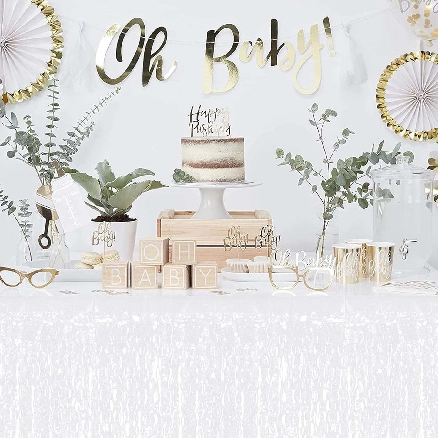 4P Wavy Metallic Tinsel Foil Fringe Table Skirts for Rectangle Tables Backdrop Garland Curtains for Parade Floats Wedding Birthday Parties Decoration Graduation 2025 Christmas (Makaron White)