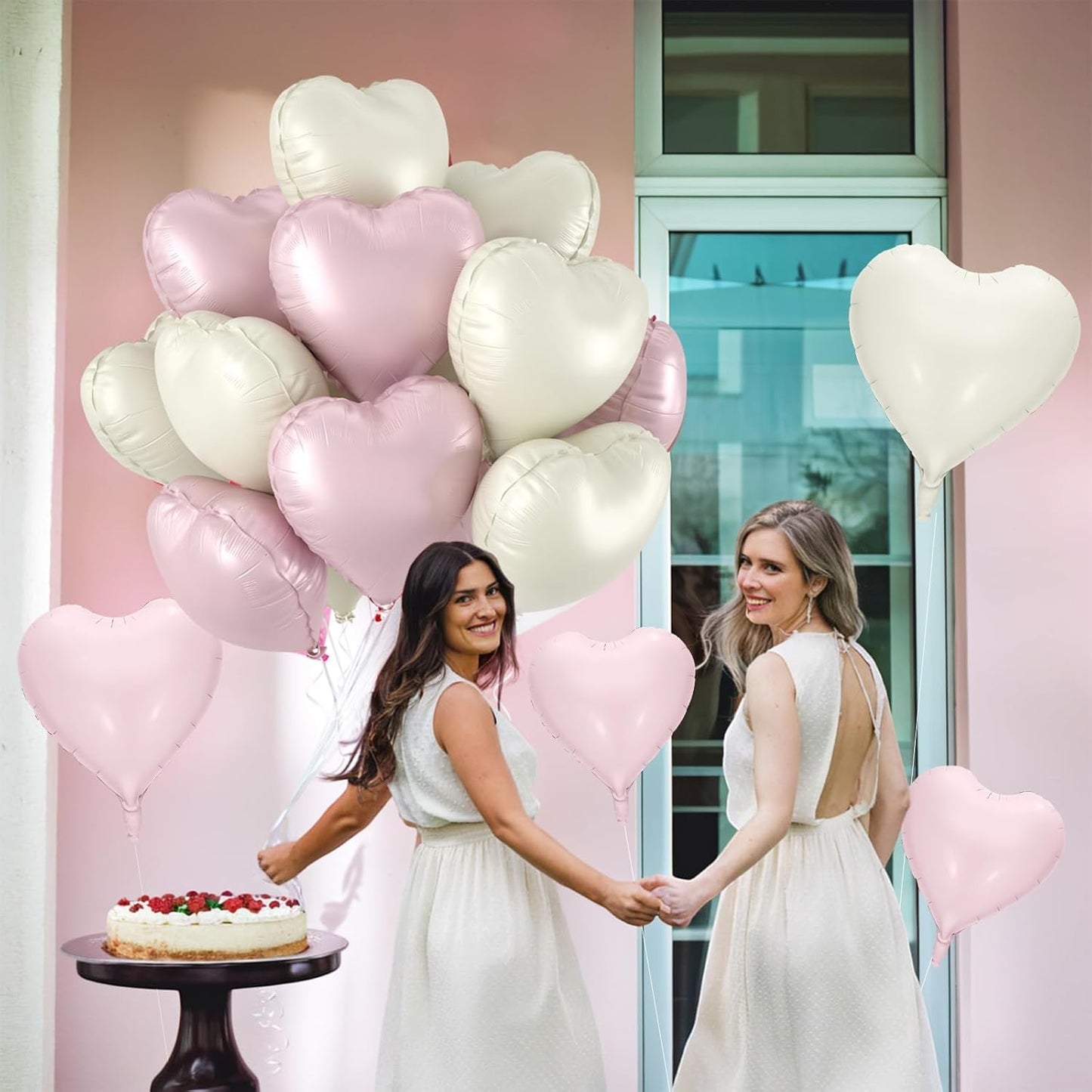 12 Pcs Heart Balloons, 18 inch Pink White Heart Shaped Balloons, Big Foil Helium Balloon, Retro Pink Love Foil Balloon for Wedding Baby Shower Valentine Party Decorations