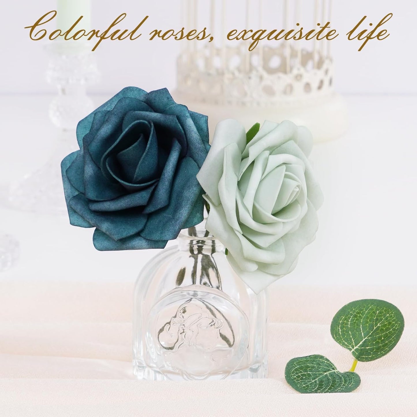 BLEUM CADE 16Pcs Artificial Flowers Fake Roses with Stems, Gradient Misty Blue Boxed Foam Roses for DIY Bouquets Centerpieces Wedding Party Arrangement Bridal Shower Decor