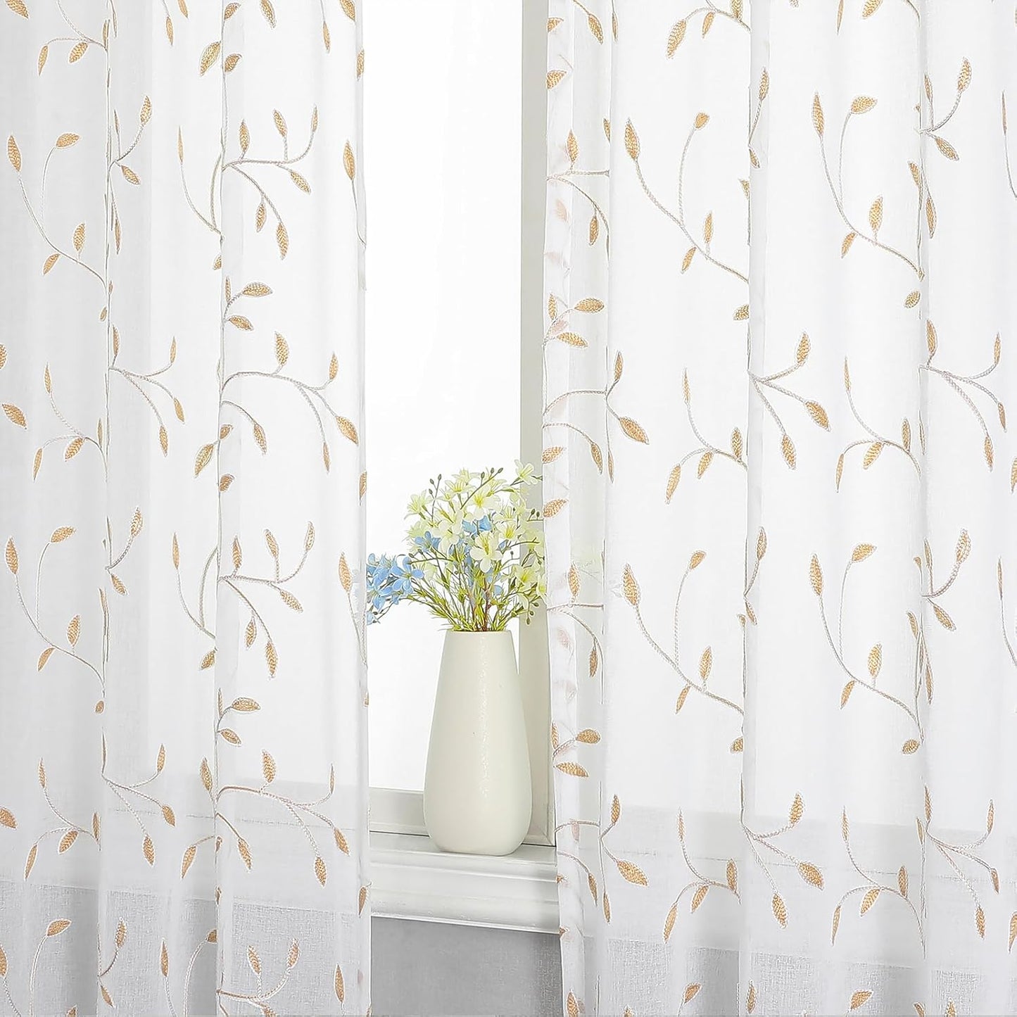 VISIONTEX White Sheer Voile Curtains, Decorative Orange Leaves Embroidery Faux Linen Rod Pocket Window Drapes for Home Kitchen, Living Room and Bedroom 54 x 84 Inch, Set of 2 Curtain Panels