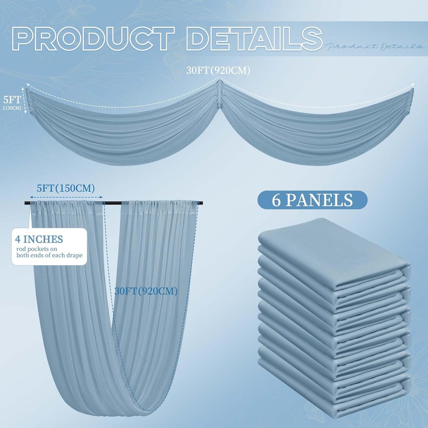 6 Panels Dusty Blue Ceiling Drapes for Wedding 5ftx30ft Ceiling Drapes Wedding Arch Draping Fabric Cheesecloth Sheer Curtain Romantic Ceiling Decorations for Weddings Party Banquet Ceremony Stage