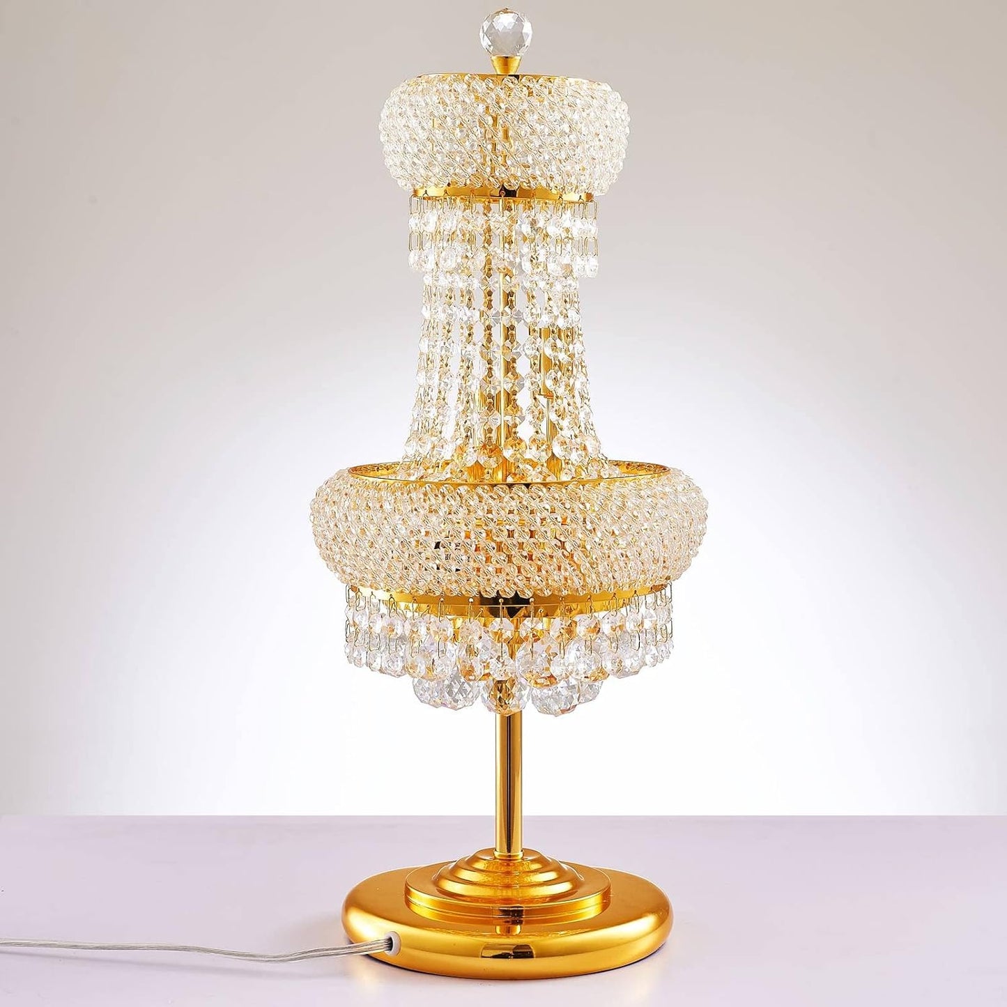 6-Lights Golden Finish Classic Empire Style K9 Crystal Ball Bedside Desk Table Lamp Night Light Fixture for Living Room Dining Room Bedroom Office Home Table Decoration (W 10 × H 22 inch)