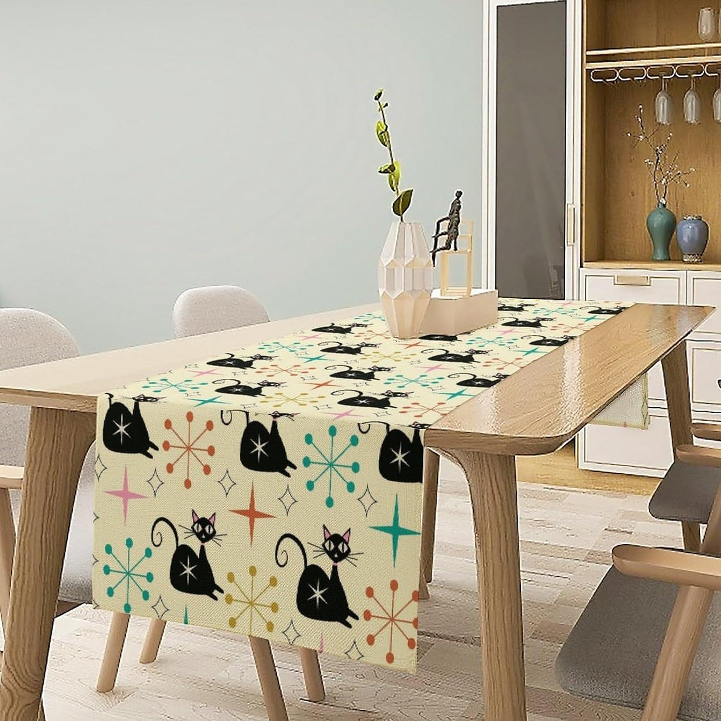 Mid Cat Table Runner, Vintage Black Cat and Atomic Stars 1950s 1960s Abstract Geometric Space Pattern Table Decoration for Home Kitchen Restaurant 13x36 Inches