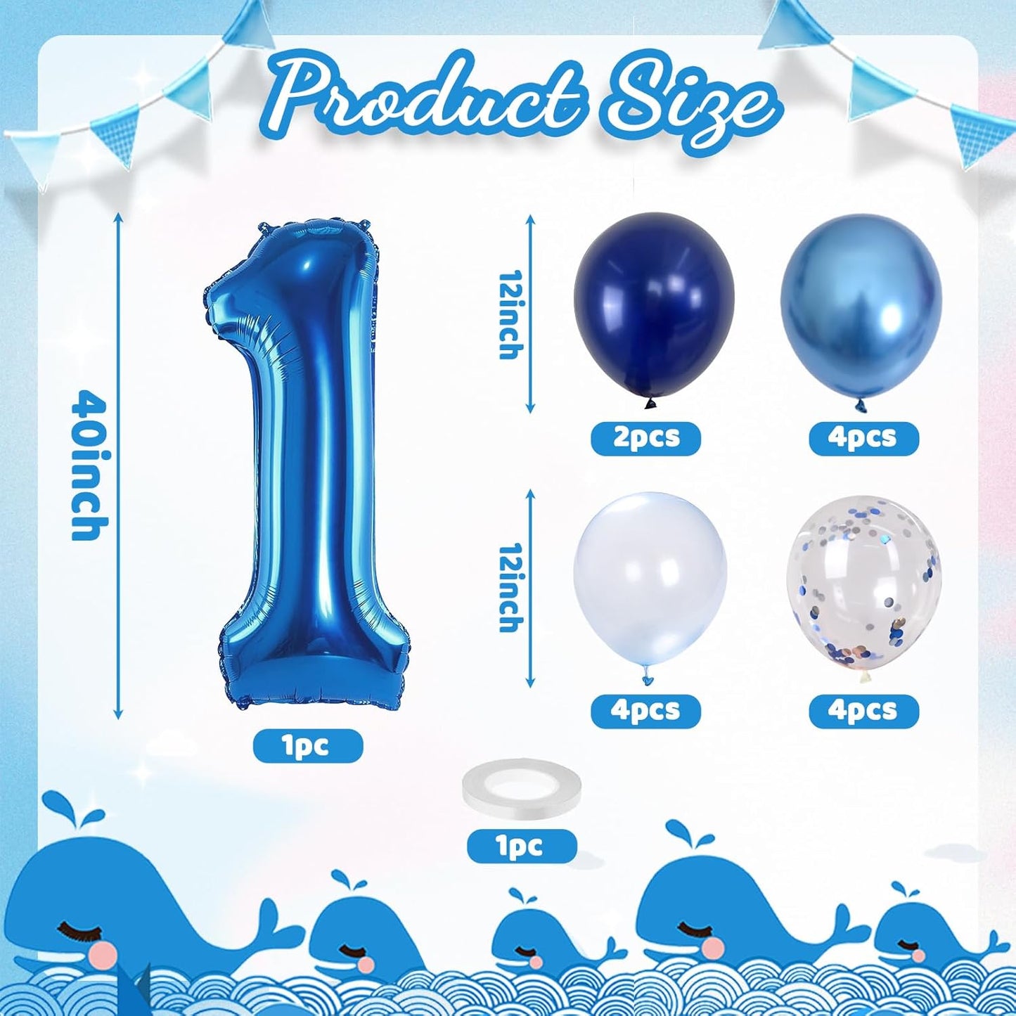 Dark Blue Number 1 Balloon 40 Inch, Large Balloon 1 with Metallic Light Navy Blue Silver Confetti Balloon, Self Inflating Helium Foil One Balloons for Boys 1st Birthday Party Baby Shower Decorations