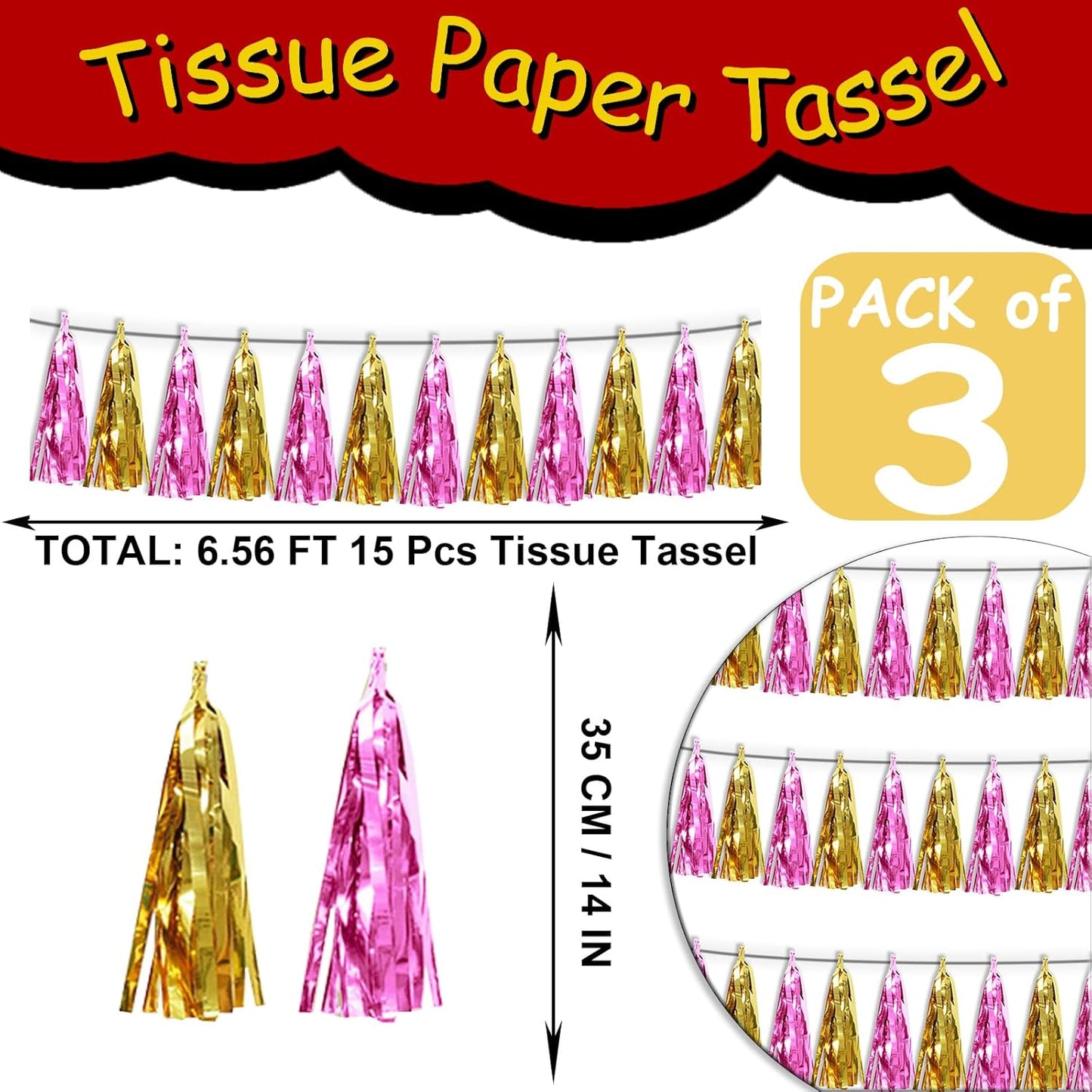 3P Gold Pink Metallic Fringe Tassel Banner Garland Foil Tinsel Streamer Wall Hanging Curtain Backdrop for Parade Floats, Graduation, Wedding, Bachelorette, Birthday, Retirement Party Decorations