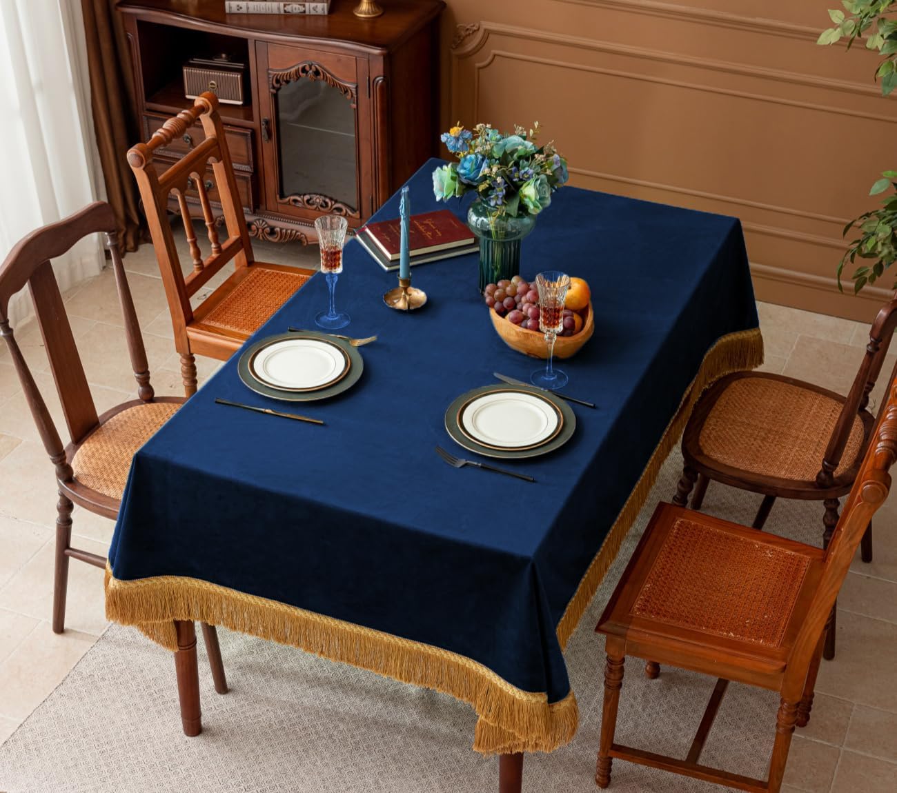 F-CHU Blue Tablecloth Thickset Velvet Tablecloth with Beautiful Gold Tassels Vintage Table Cloth for Home Decor Wedding, Party, Banquet and Events 60x120-Inch