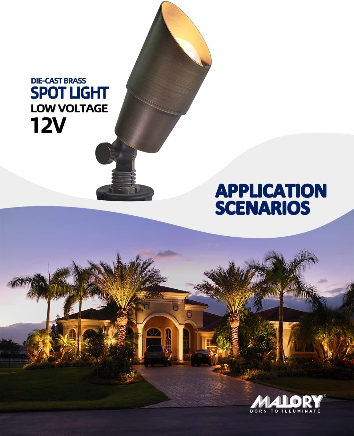 MALORY Brass Landscape Spotlight 6-Pack with Bulb(S01), Low Voltage 12V AC/DC LED Outdoor Landscape Lighting,PVC Ground Stake and Wire Connector Included, Garden Patio Trees Spot Uplight
