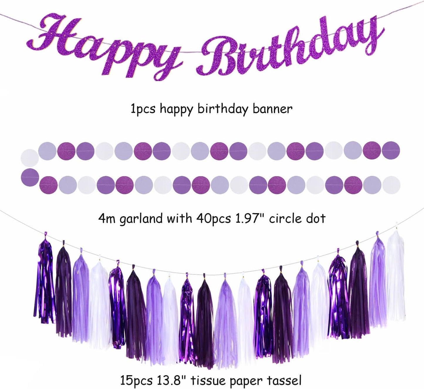 Purple-Lilac Lavender-White Happy Birthday Party-Decorations - 31pcs 20th Women Girls Paper Lanterns Streamers Banner,Tissue Pom Poms Decor,Flower Fans Tassels Graland Backdrop Supplies Hugmoon