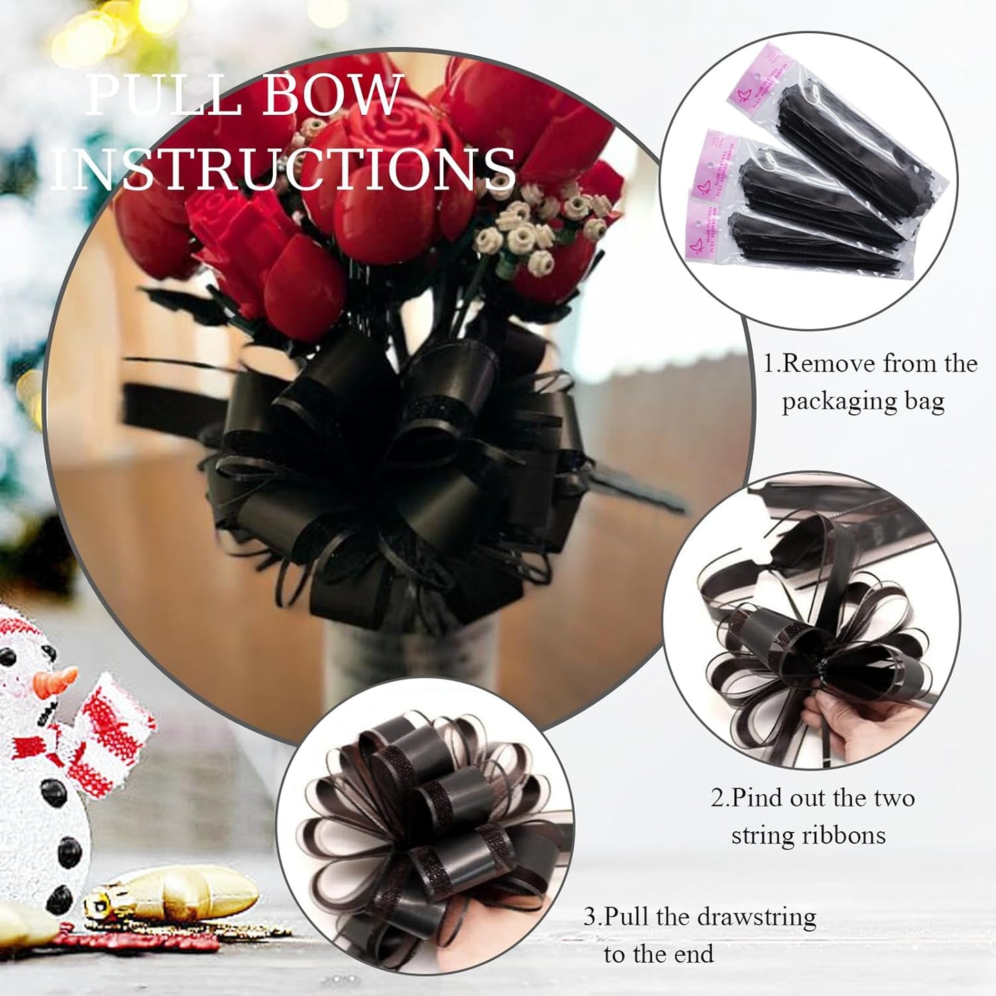 6 Pieces Large Pull Bows, 6 inches, Organza Fabric, Black, Wedding, Christmas, Birthday, Valentine's Day, Gift Wrapping, Party Decoration, Easy to Use