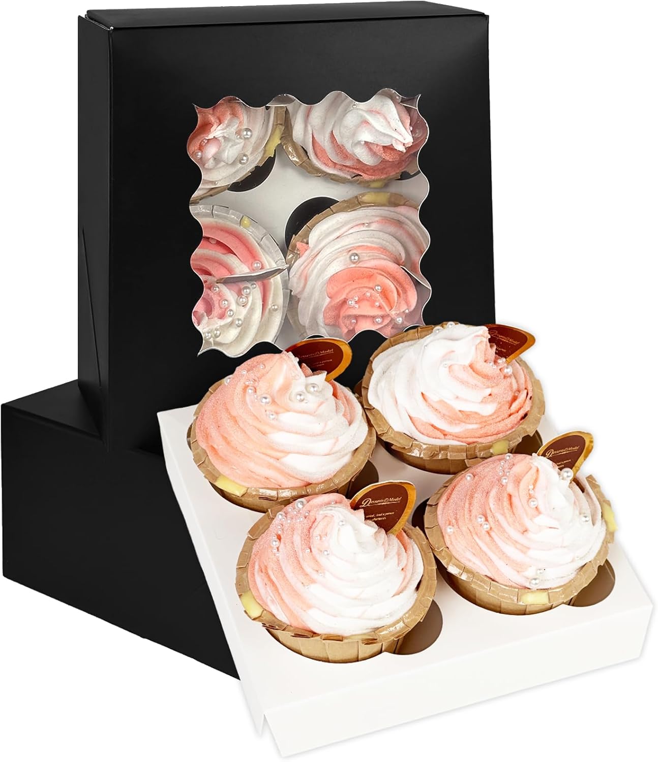Bakepacker Auto-pop up 4 Cupcake Boxes with Window 20 Count Black Box 6.3 x 6.3 x 3inch Cupcake Carrier