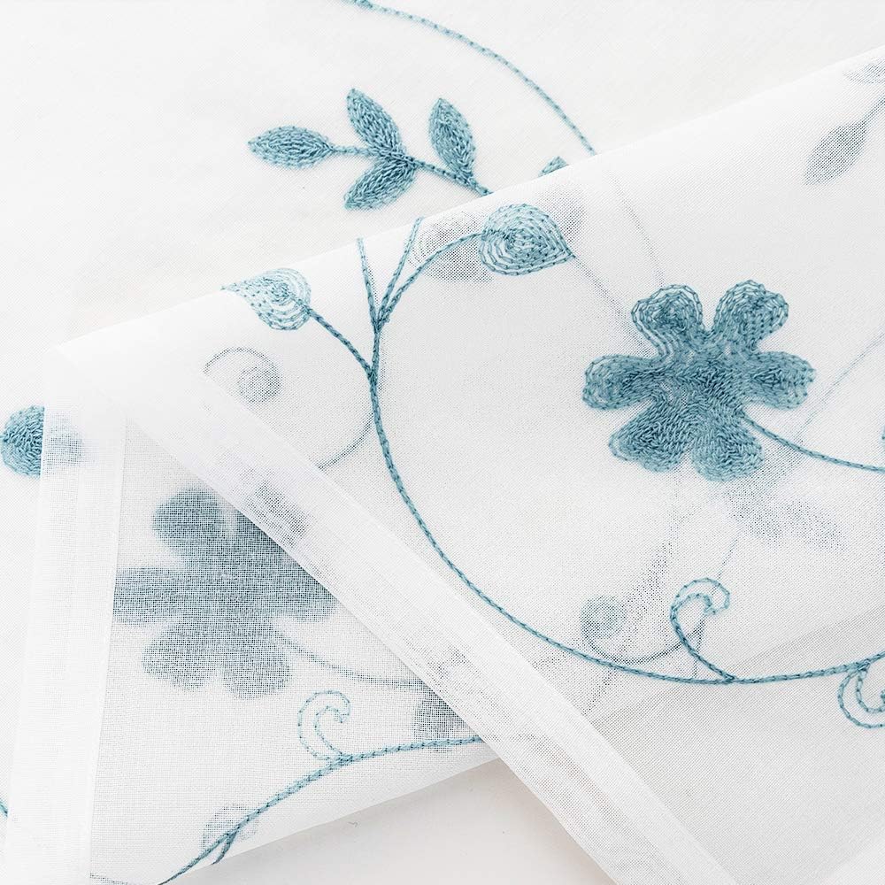 Floral Embroidery Sheer Curtains Blue 63 Inches, Rod Pocket Voile Drapes for Living room, Bedroom, Window Treatments Semi Crinkle Curtain Panels for Yard, Patio, Villa, Parlor, Set of 2, 52"x 63".