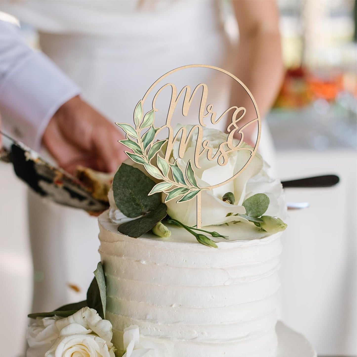 Mr & Mrs Cake Topper Greeny Wedding Cake Topper in Wood (Design 02)