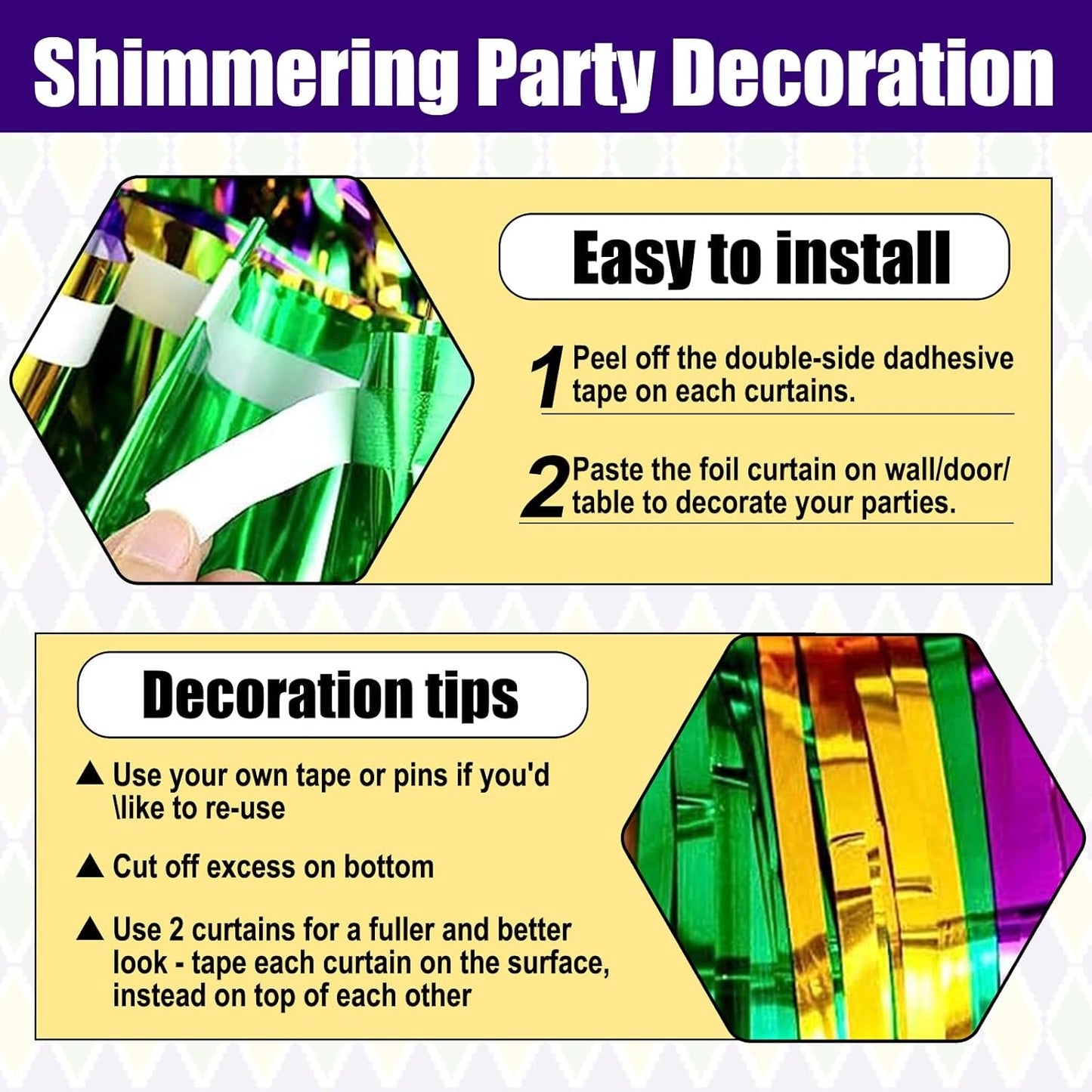 3 Pack Gold Green Purple Foil Fringe Curtain Backdrop, 3.28Ft x 8.2Ft Metallic Tinsel Foil Fringe Streamer Curtains for Photo Booth, Christmas Day, Thanksgiving, Wedding, New Year Party Decorations