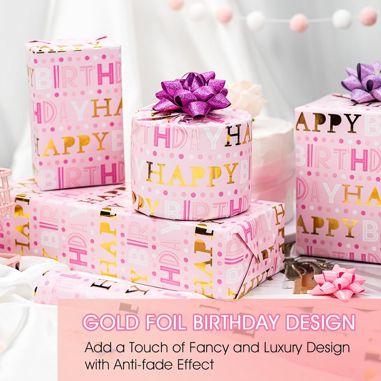 Yarcony Girl Birthday Wrapping Paper, Pink and Gold Wrapping Paper, Gold Foil Girly Happy Birthday Lettering Design Pink Gift Wrap for Girls Women, Baby Shower, Party (Mini Roll, 17 Inch X 16.5 Feet)