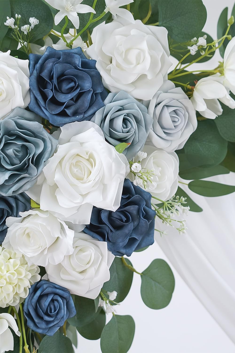 Dusty Blue Artificial Wedding Arch Flowers Kit (Pack of 3) with 26Ft White Shiny Arch Draping Fabric for DIY Wedding Party Ceremony Reception Backdrop Floral Decoration