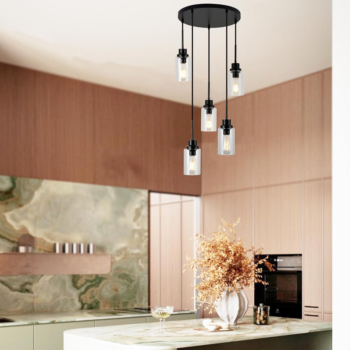 5-Light Kitchen Island Dimmable Pendant Lights with Clear Glass Shade, Black Finish for Dinning Room, Living Room, Kitchen Island
