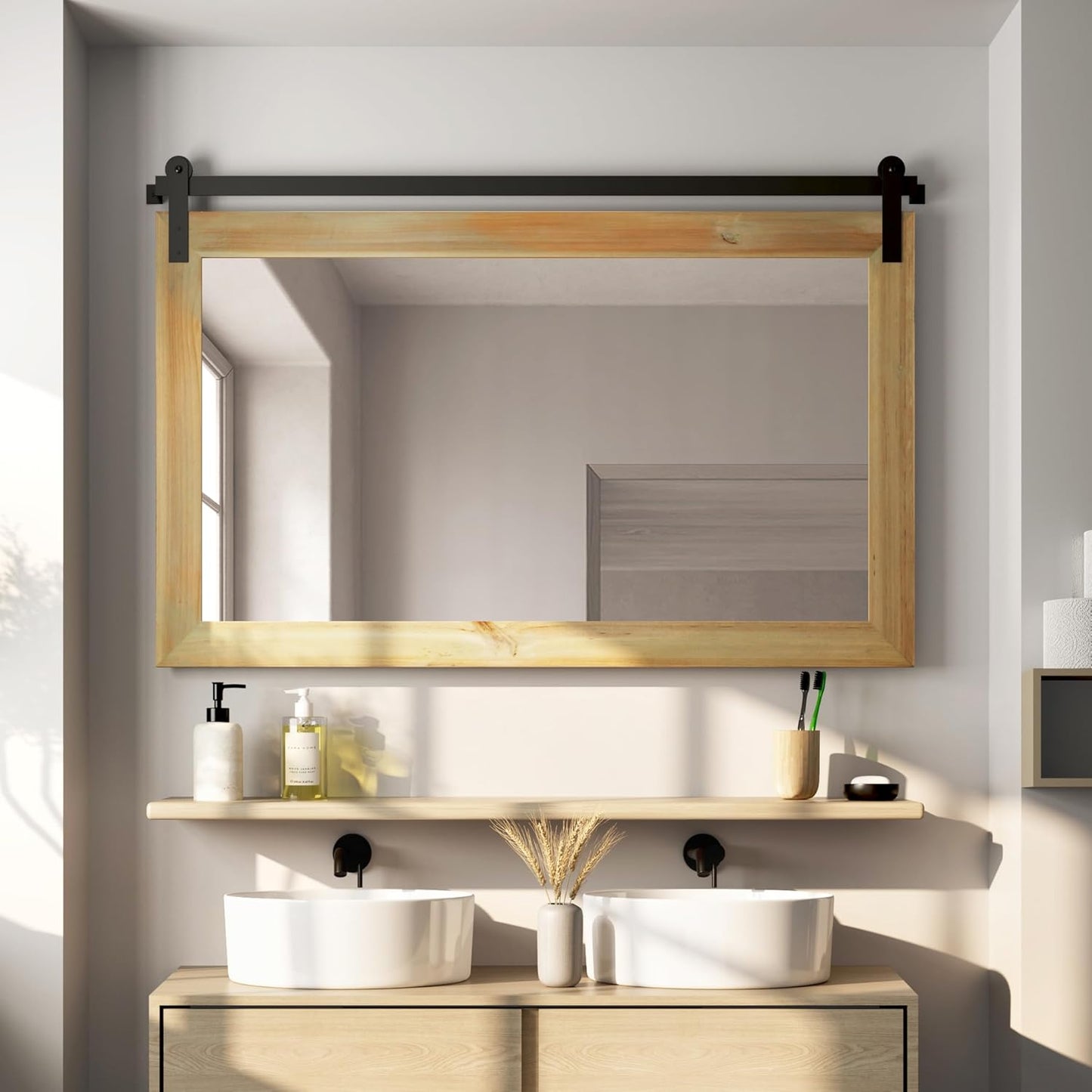 COGOOD Farmhouse Barn Door Mirror - 41 x 26 Rustic Wood Framed Wall Mirror for Bathroom, Living Room, Entryway Wall Decor (Burlywood)